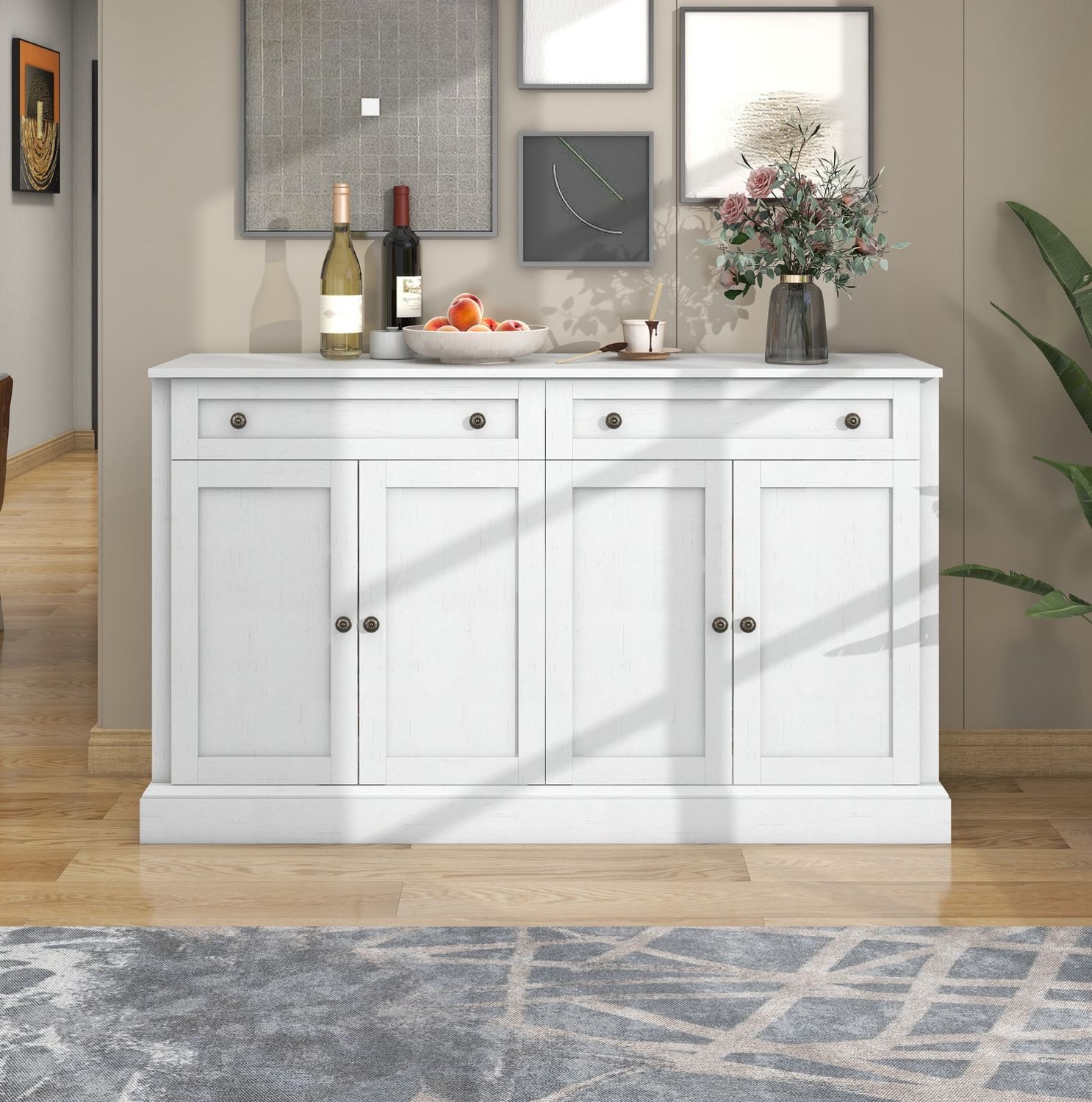 Sideboard, 150x40x86 cm, antikweißes Sideboard mit 4 Türen & 2 Schubladen, Holzoptik-Platte Bild 1