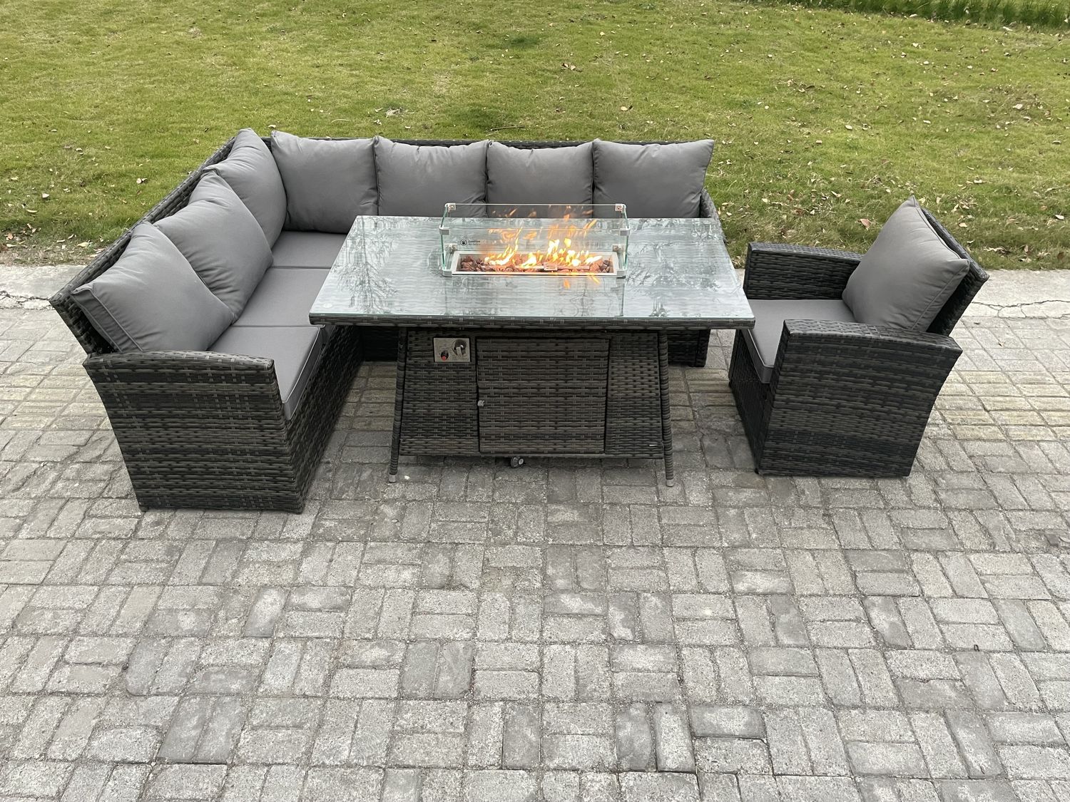 Fimous Outdoor Gartenmöbel-Set Hoher Rücken Ecksofa Gas Feuertisch Sets mit Sesseln 7 Sitzer Dunkelgrau gemischt Bild 1