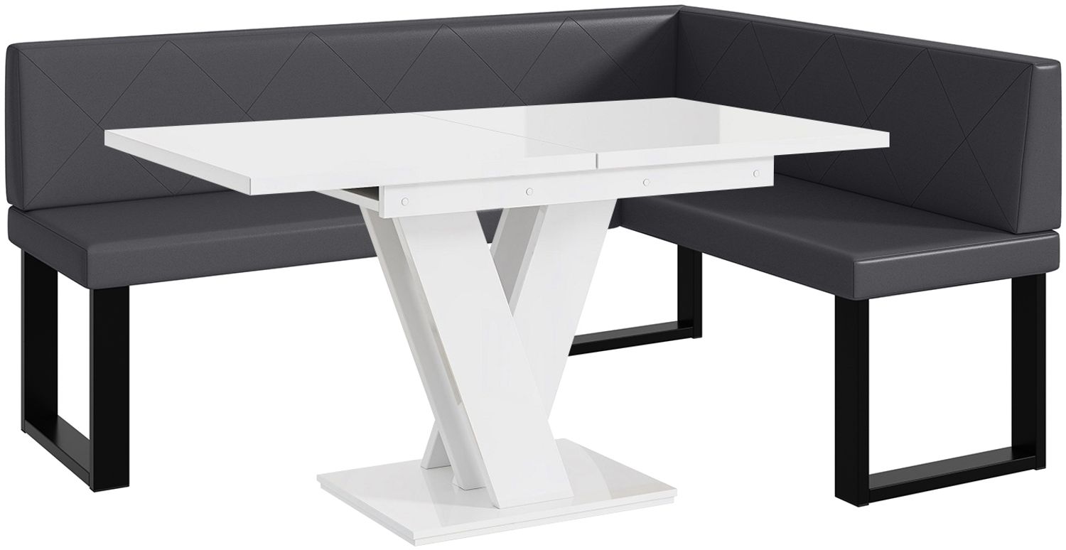 MEBLINI Eckbank für Esszimmer mit ausziehbarem Tisch - Küchenbank - Essecke - Sitzecke Küche - ERIC - U-Beine 128x168x87cm Rechts - Grau Kunstleder/M Weiß Hochgl. Bild 1