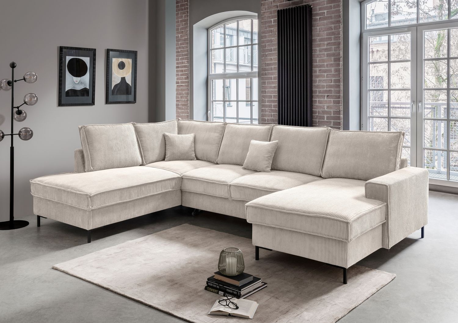 Wohnlandschaft >Rube< Schlaffunktion, Stauraum, Cord beige - 309x92x198cm (BxHxT) Bild 1