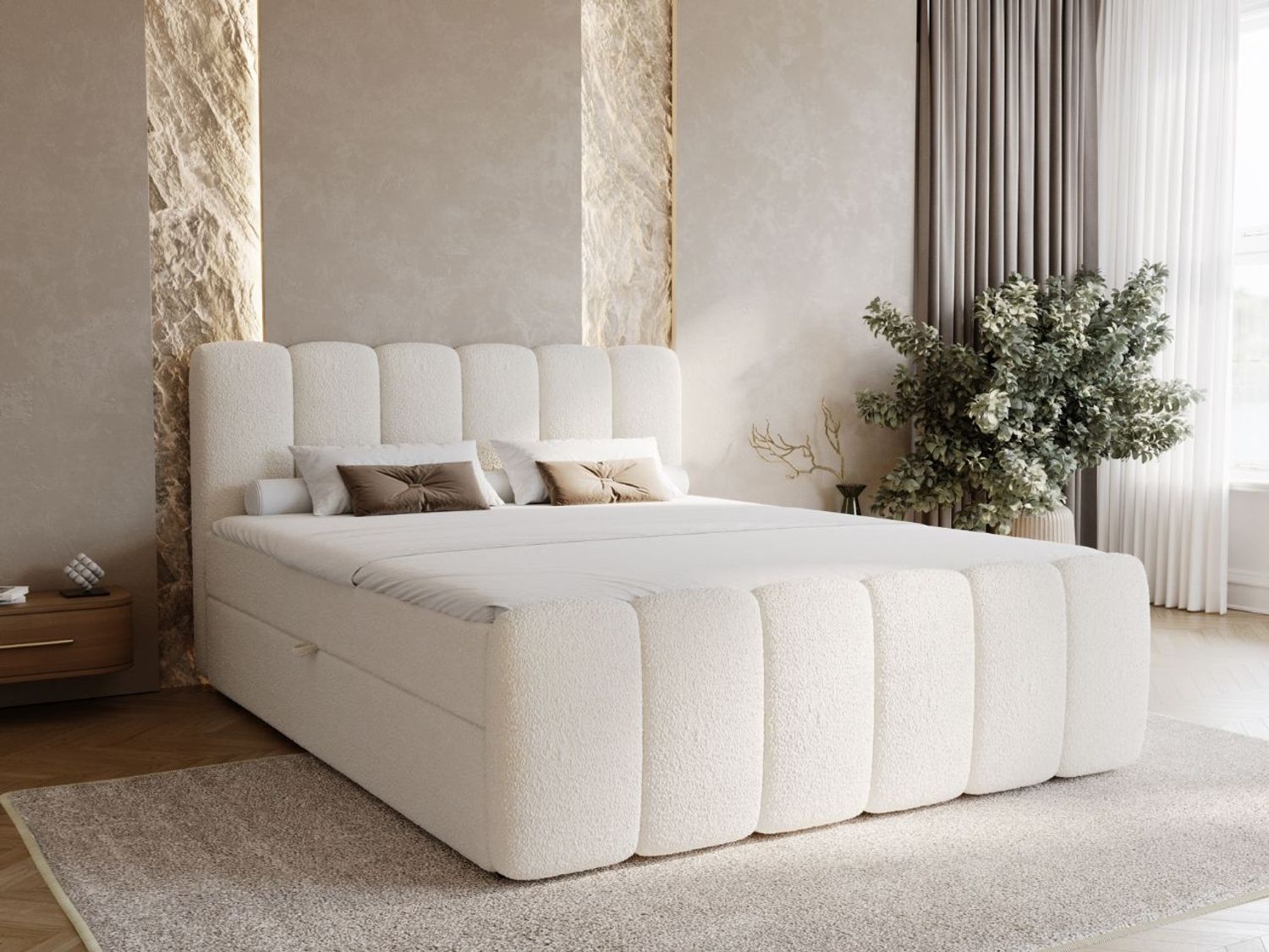 GRAINGOLD Cloud Boxspringbett 140x200, Bett mit Bettkasten, Bouclé-Stoff, mit Kopfteil, Beige Bild 1