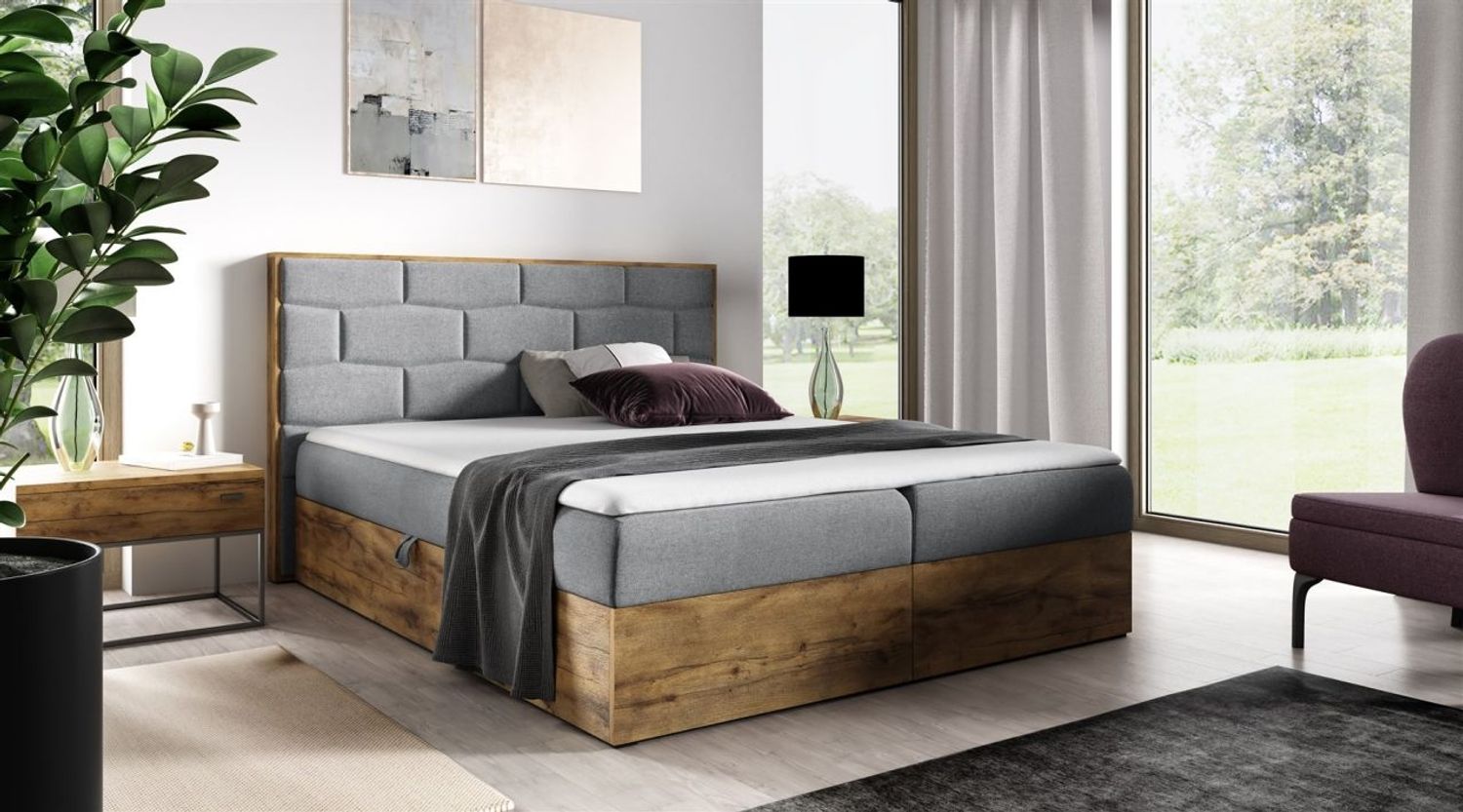 Boxspringbett Bett BEILA 140x200cm Lancelot Eiche Stoff Grau inkl. Bettkasten Bild 1
