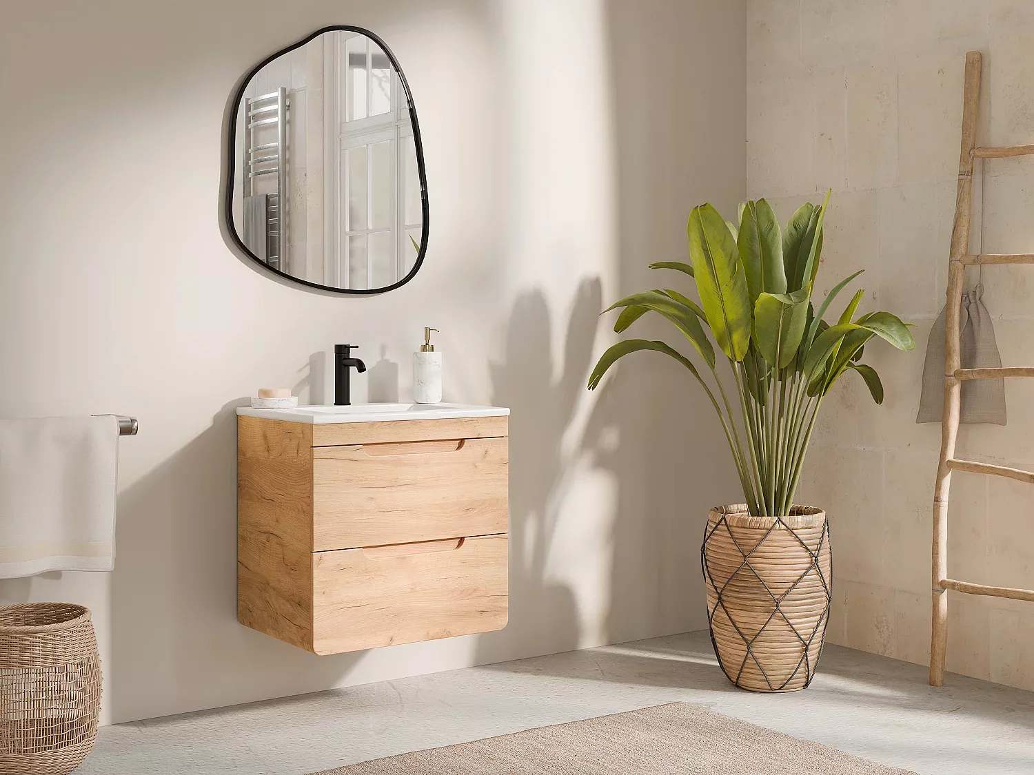 Vente-unique - ARUBA Waschbeckenmöbel Holz, Platte Beige - B 46 cm x H 59 cm x L 60 cm Bild 1