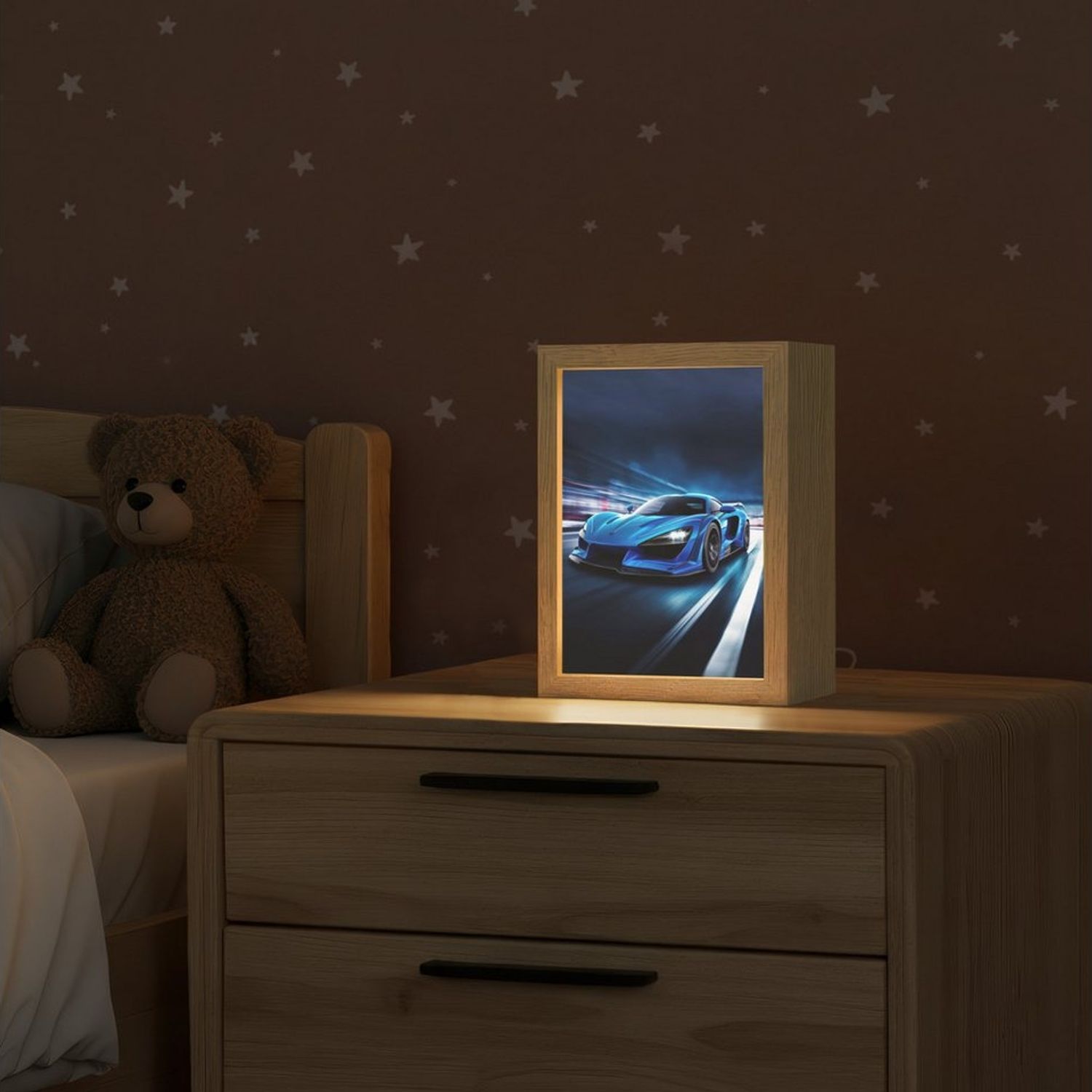OnlyWow Nachttischlampe Lightbox Auto - Blau - Jungen - Kind, Dimmbar, Farbwechsel, LED, Warmweiß, Kaltweiß, Neutralweiß Einstellbar, Nachtlicht, Kinder- und Babyzimmer, Dimmbar, mit Kabel, Tischleuchte Bild 1