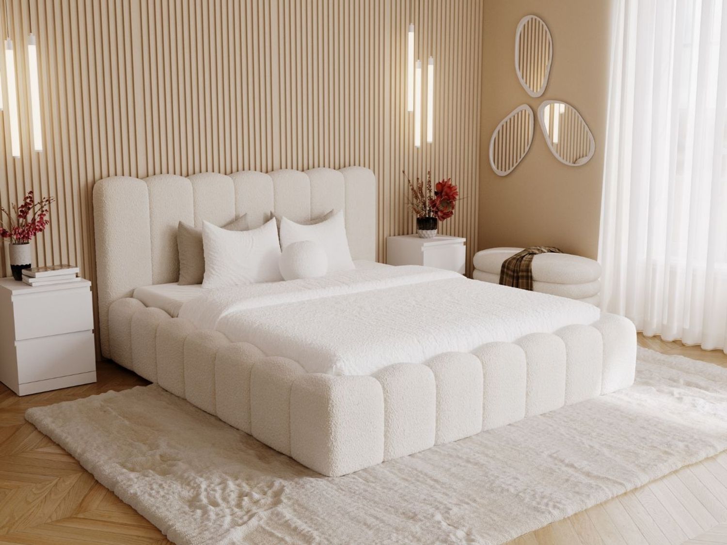 GRAINGOLD Smile Doppelbett 140x200, mit hohem Kopfteil, Bettkasten, Bouclé-Stoff, Beige Bild 1