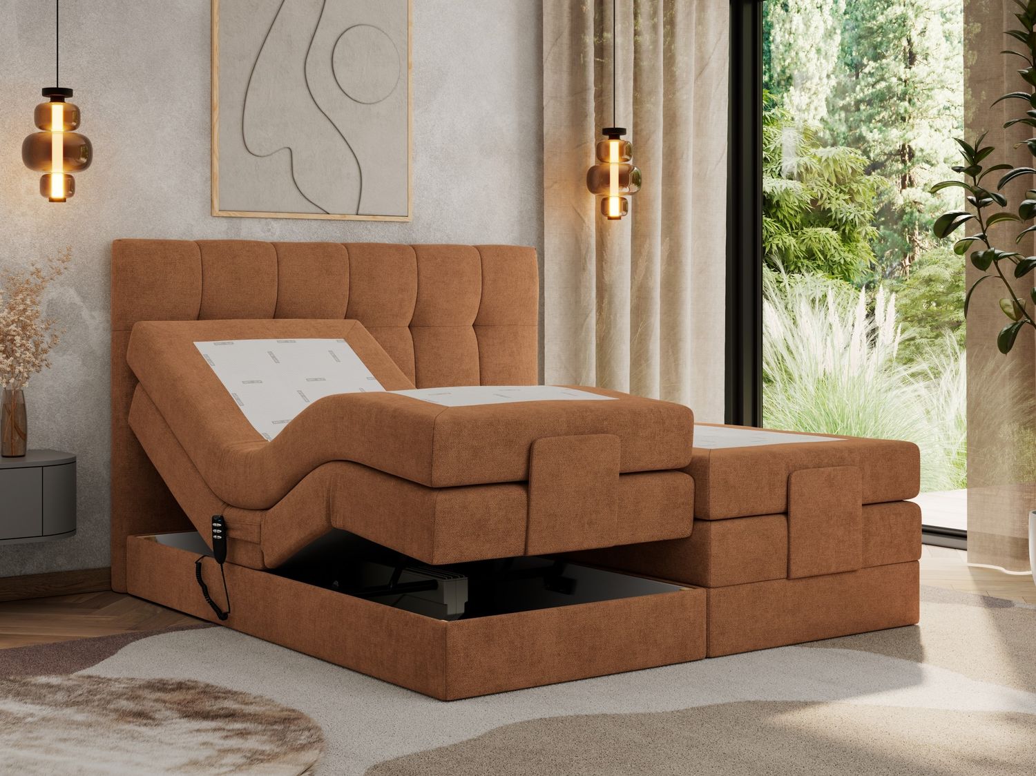 Elektrisches Bett, Boxspringbett mit Multipocket-Matratzen und Elektrisch verstellbare - VITTORIA - 160 x 200 cm - Orange Stoff - H4 Bild 1