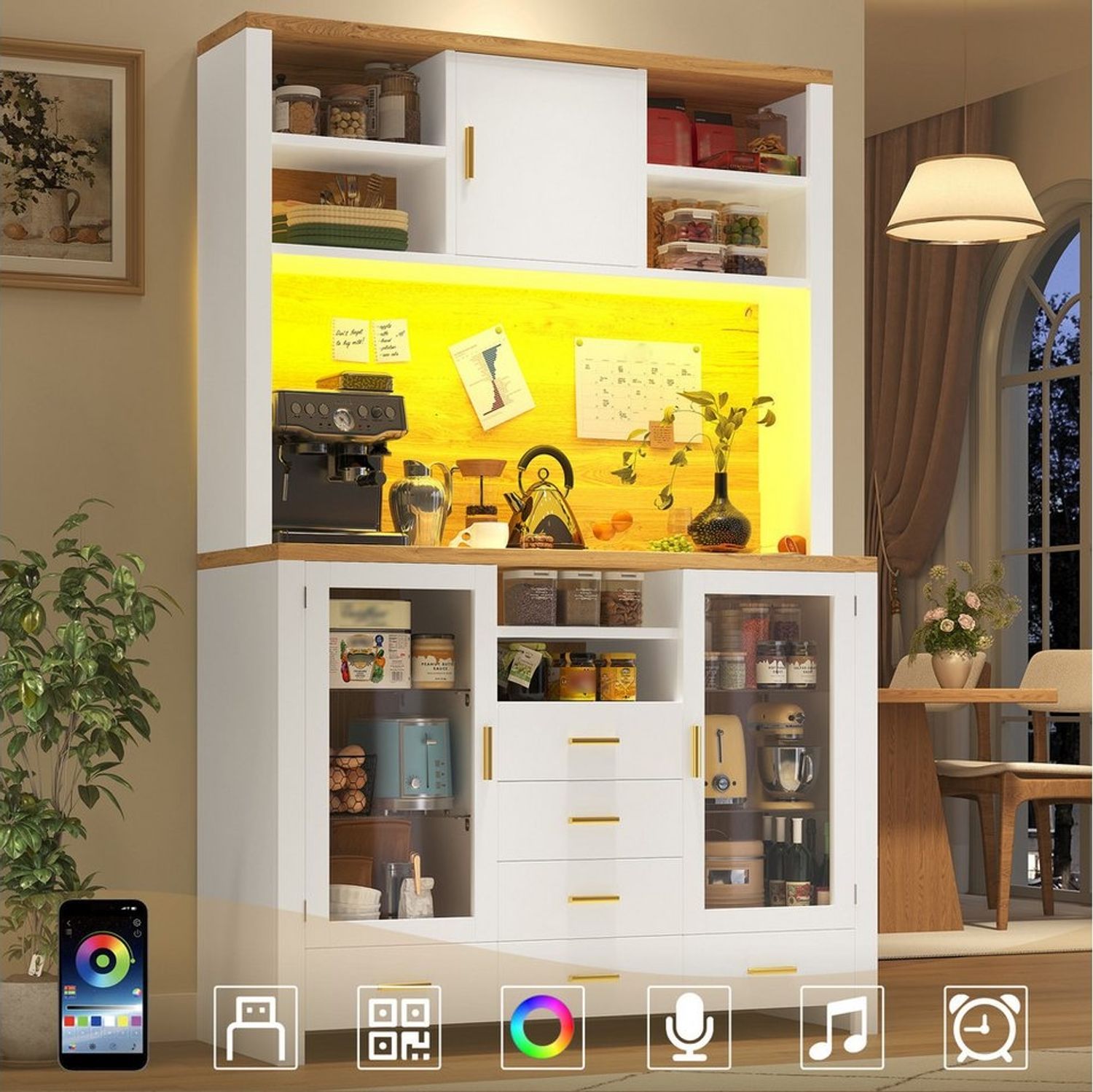 Flieks Küchenbuffet mit LED-Beleuchtung, Glaseinlegeböden, Glastüren und Schubladen (1-St, B120/T40/H188 cm) Hochschrank Küchenschrank Geschirrschrank mit Arbeitsplatte Holzoptik Bild 1