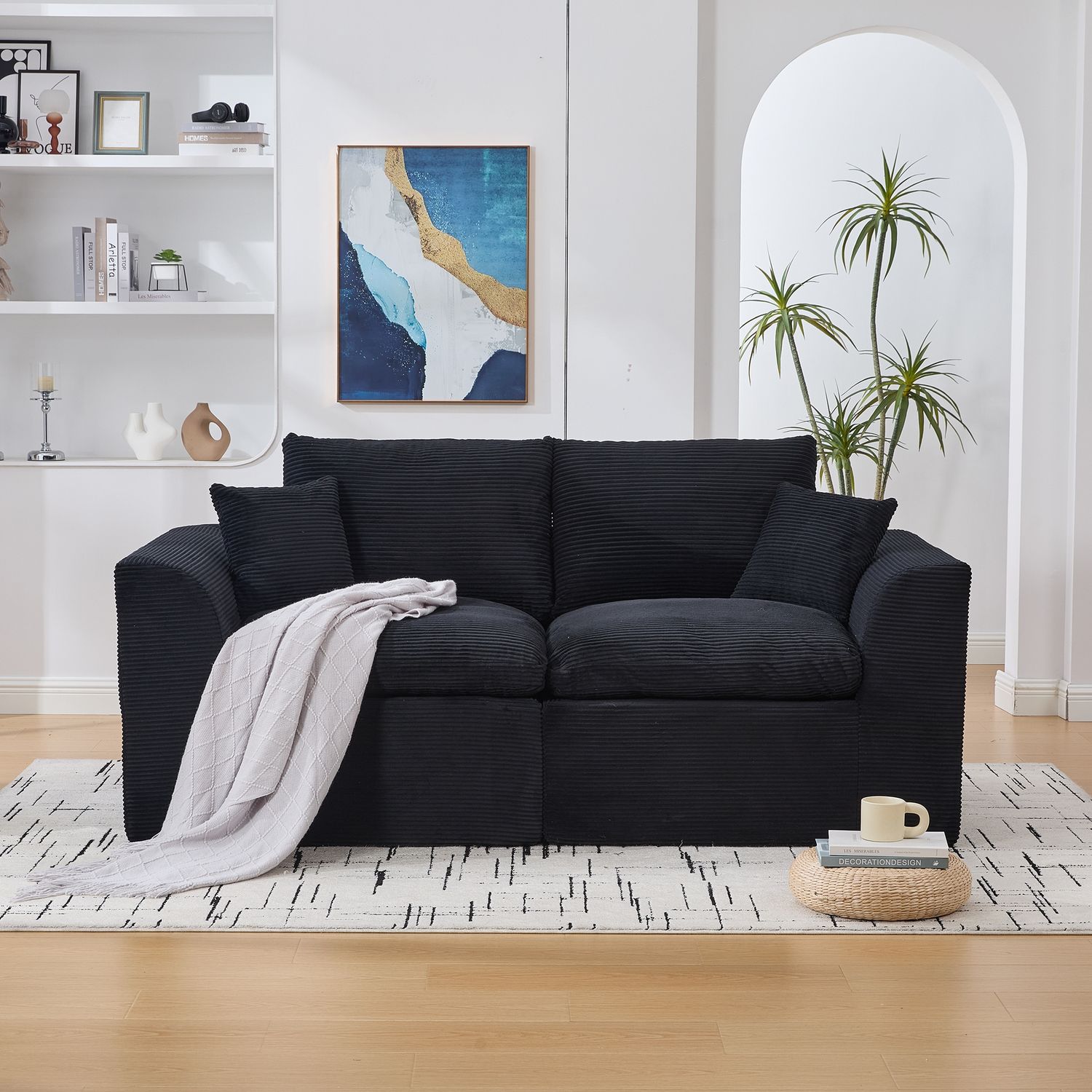 2-Sitzer-Sofa aus Cordstoff mit Kissen, 204 x 102,5 x 84 cm, Schwarz Bild 1