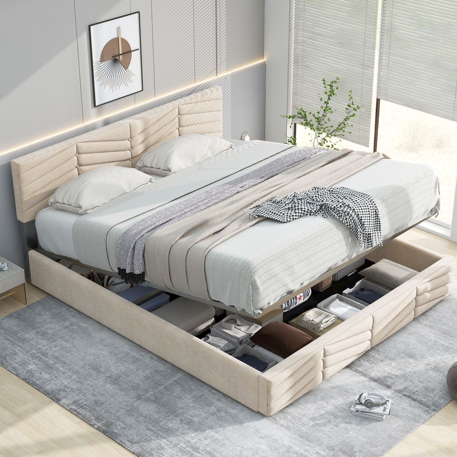 Polsterbett 140x190 cm ohne Matratze, mit höhenverstellbarem Kopfteil, Bettgestell aus holländischem Samt in Beige Bild 1