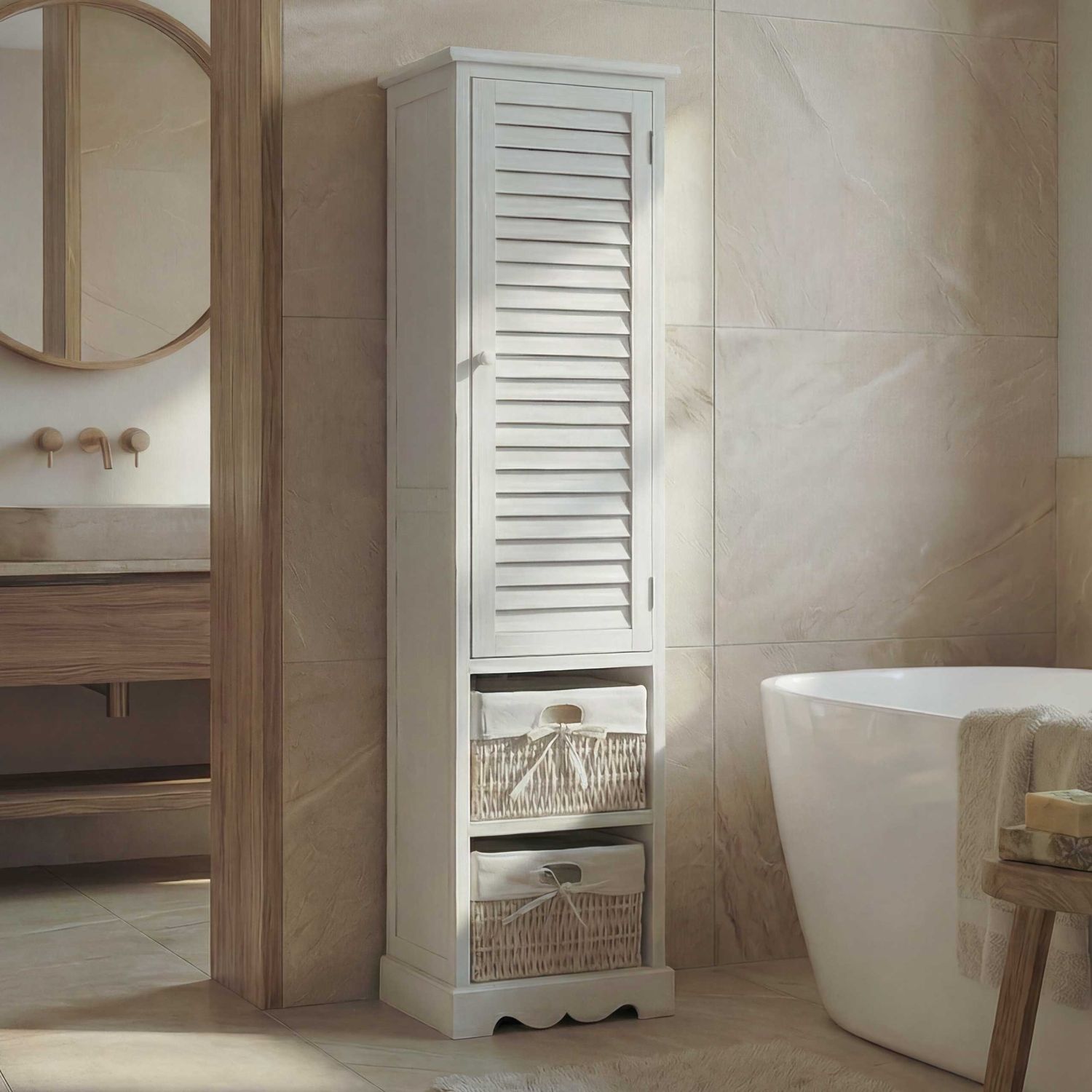 Badezimmerkommode HWC-H20, Badezimmer Schrank Badschrank Badregal, 120x27x29cm Massiv-Holz ~ shabby weiß Bild 1