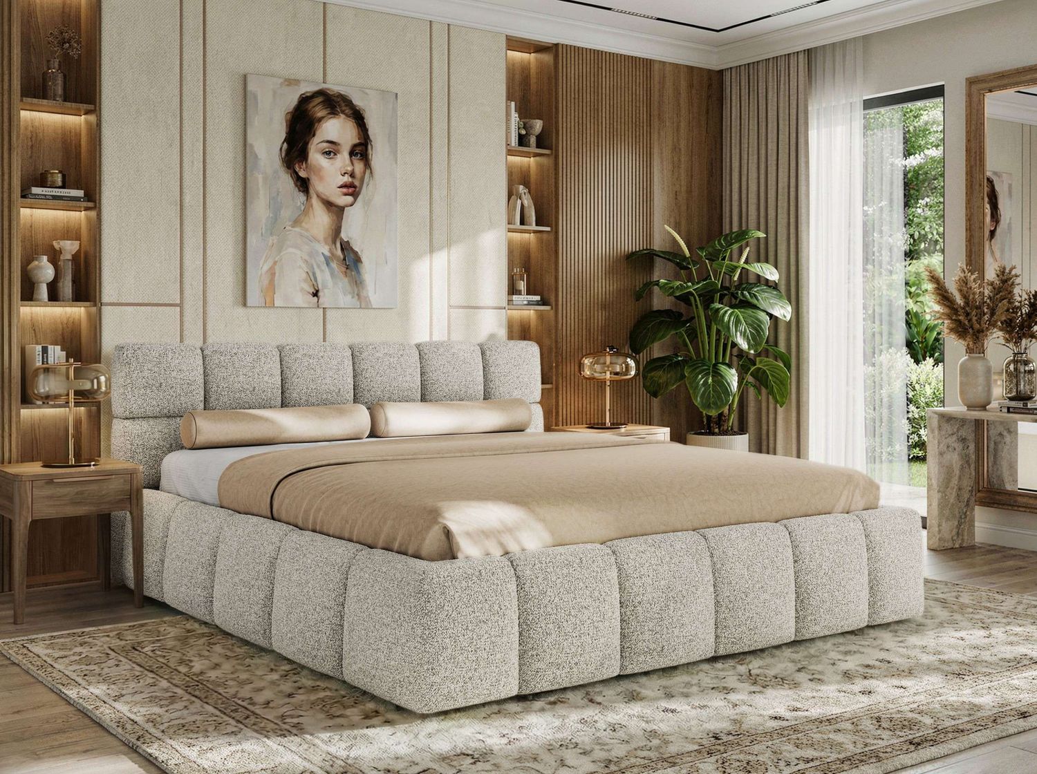Doppelbett mit Gasdruckfeder, Polsterbett NIRA CLASSIC Holzlattenrost Bett mit Stauraum, gepolstertes Kopfteil Bettkasten - 180 x 200 cm - Hellgrau Strukture Bild 1