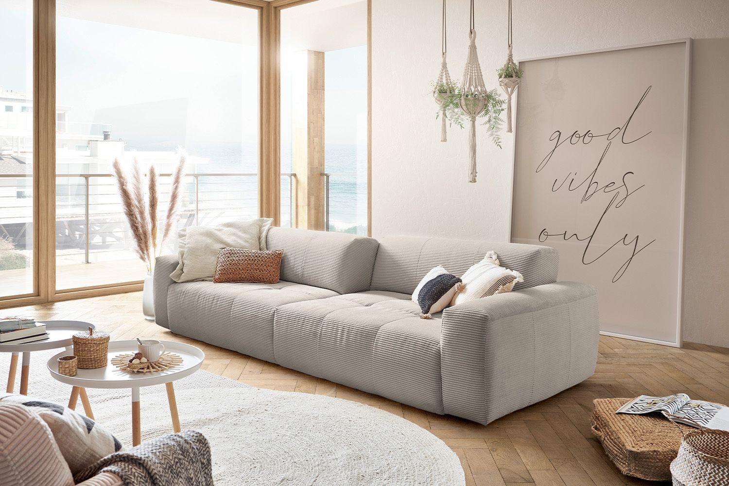 KAWOLA Big Sofa PALACE 3-Sitzer mit Sitztiefenverstellung Cord steingrau 74 x 120 x 298 cm Bild 1