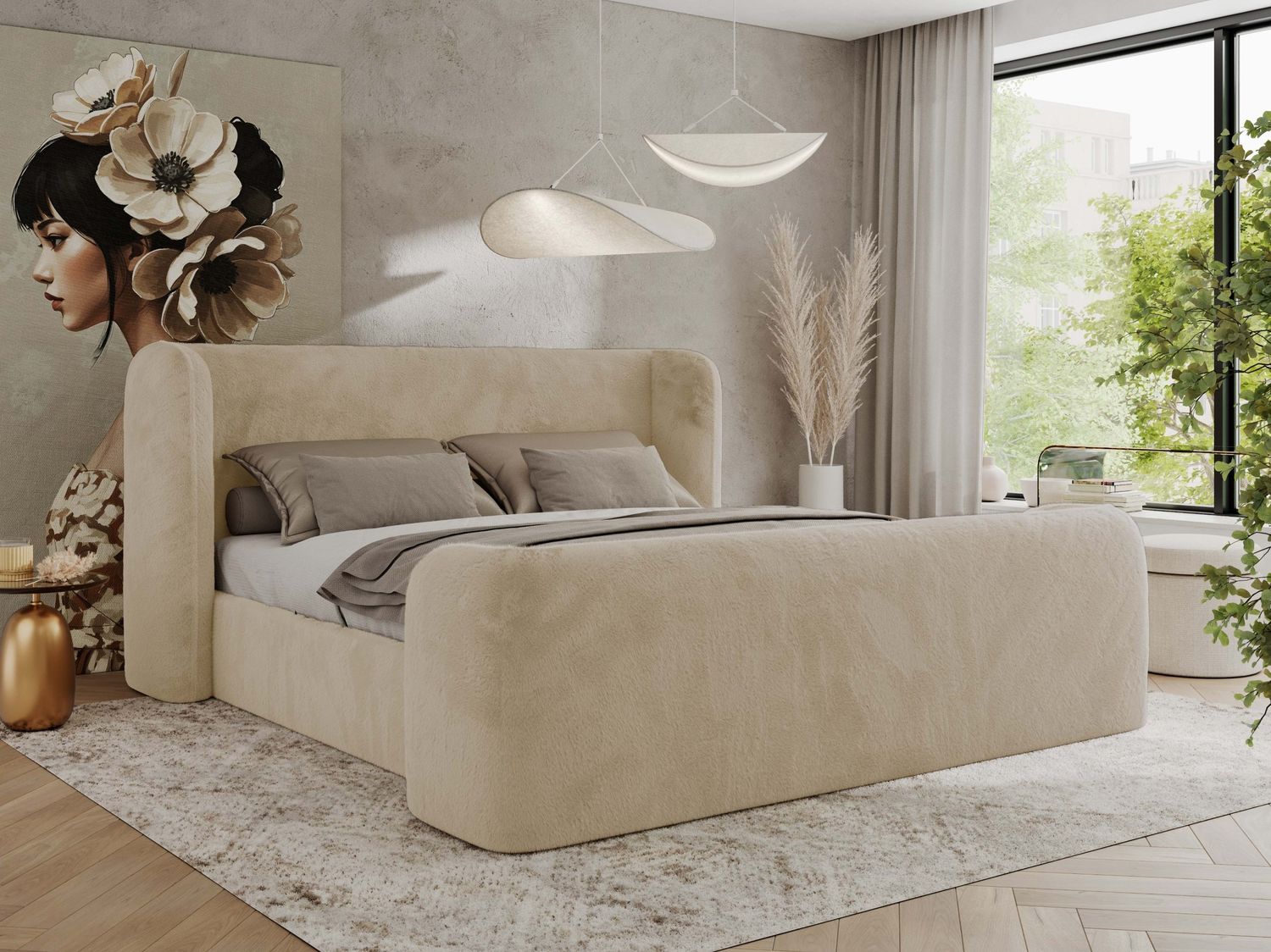 Polsterbett mit Lattenrost, Doppelbett für Schlafzimmer, Gepolstertes Kopfteil, Multipocket matratze, Härtegrad H3/H4 - EMORA CLASSIC DUO - 140 x 200 cm - Creme Stoff - ELORI - LUX Bild 1