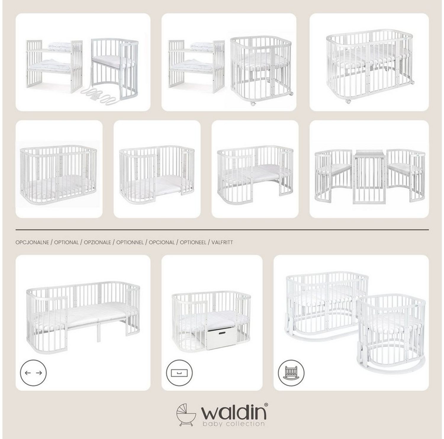 Waldin Babybett Mobiles Babybett OWAL aus Holz 7in1 mit Matratze, mitwachsend Bild 1