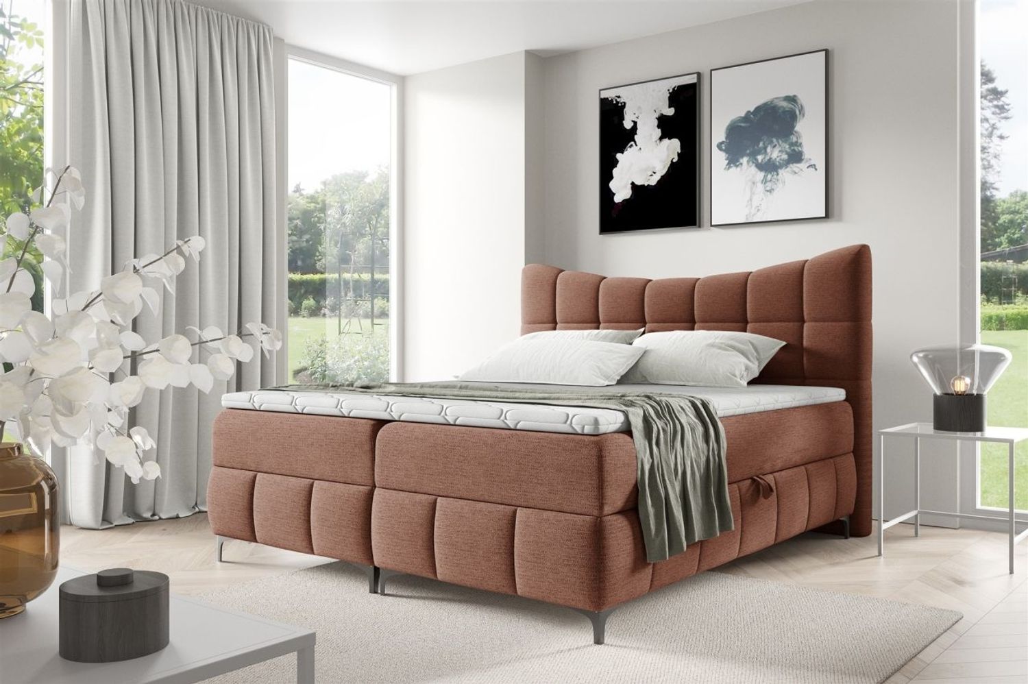Boxspringbett Schlafzimmerbett CHARLES PREMIUM 180x200cm Stoff Aragon Rostbraun Bild 1