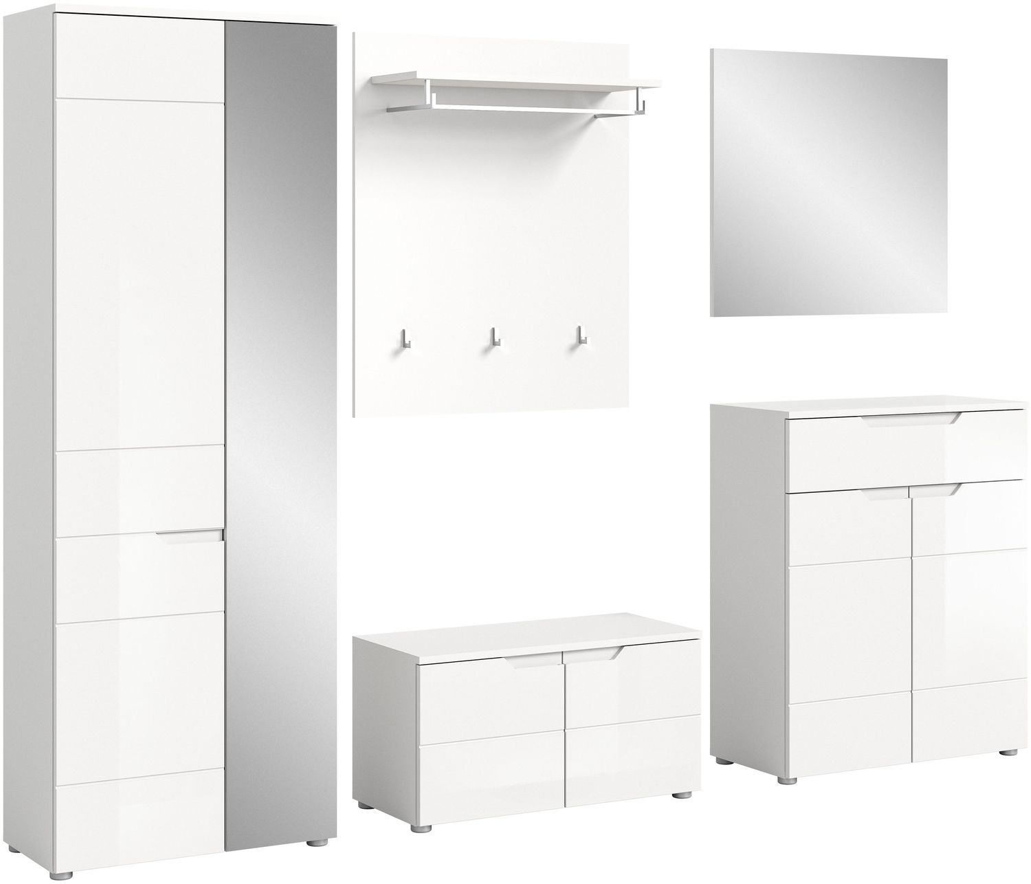 xonox. home Garderobe Solero X7WA9G01 Garderobenkombination Garderobenmöbel in Weiß Nachbildung und weiß Hochglanz tiefzieh, ca. B/H/T: 258 x 193 x 37 cm Bild 1