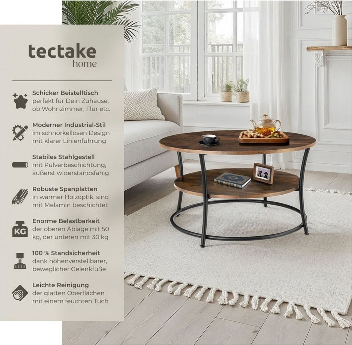 tectake Couchtisch Beistelltisch Cromford 80x46cm (1-St, 1 tlg), Geschwungener Couchtisch im angesagten Industrie-Stil Bild 1