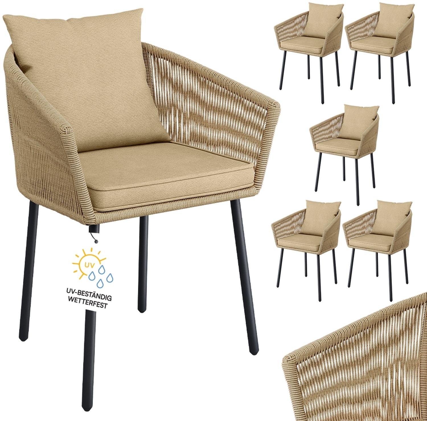 STEELSØN 'Nair' Polyrattan Gartenstuhl, 6er-Set, hellbraun, wetterfest & UV-beständig, Balkonstühle bis 160 kg belastbar, Gartensessel inkl. Kissen Bild 1