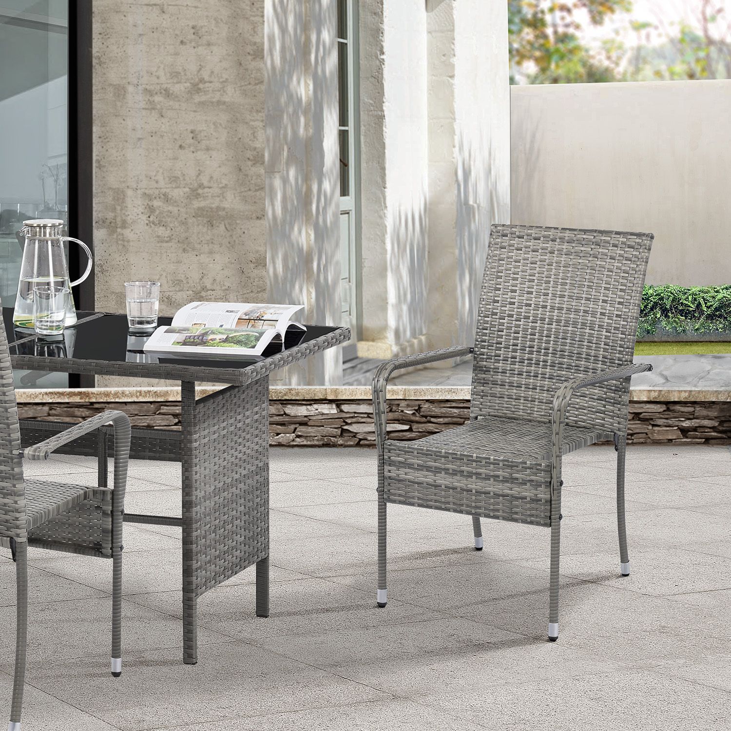 Juskys Polyrattan Gartenstühle Yoro 2er Set - mit Armlehnen & Rückenlehne - 2 Stühle stapelbar - Rattan Stuhl Garten - Stapelstuhl Grau-meliert Bild 1