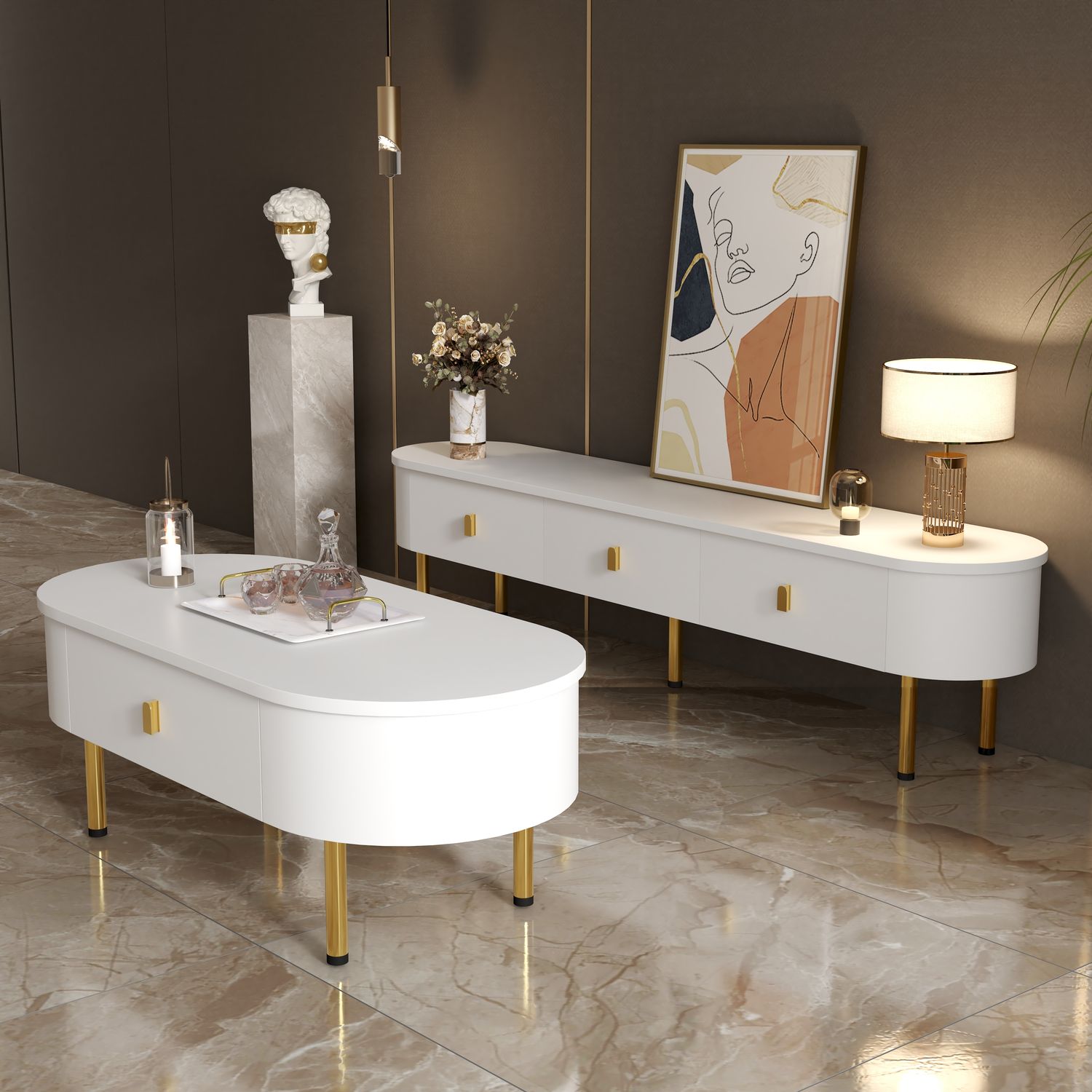 TV-Schrank 174 cm Weiß mit Gold, 3 Schubladen, Minimalistisches Design Bild 1