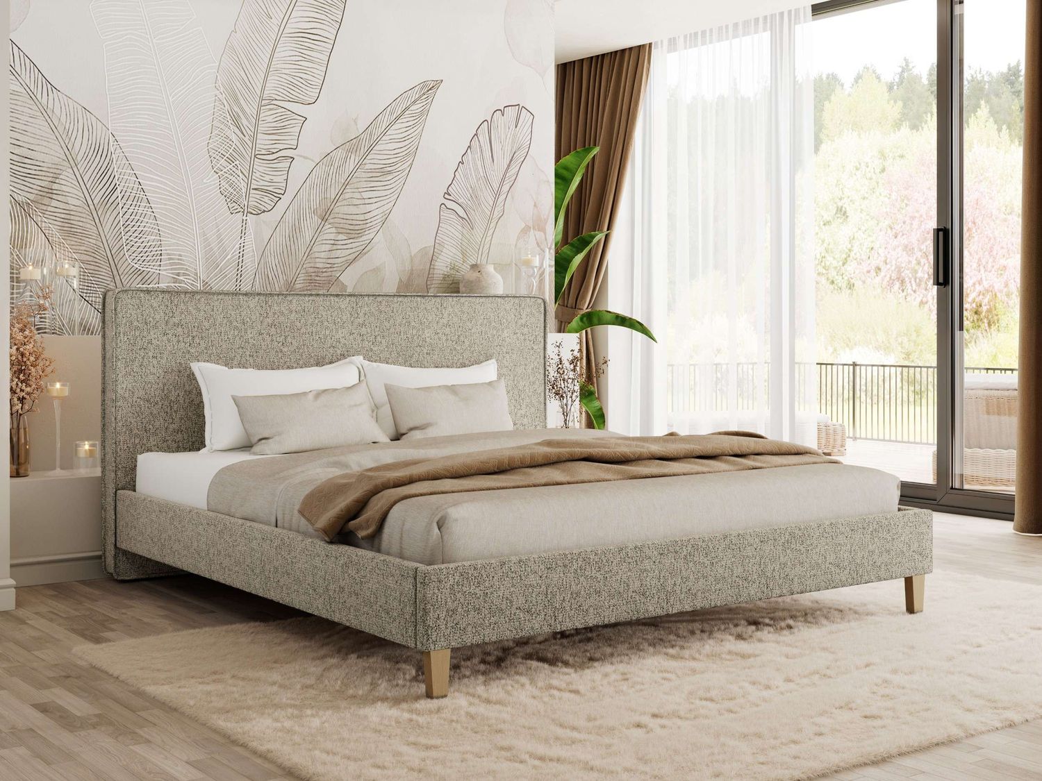 Design Polsterbett LUMARO CLASSIC 140 x 200 cm mit Lattenrost & 12cm hohen Füßen, Doppelbett mit Kopfteil, Konfigurierbar, Foam Matratze - Dunkelbeige Strukture - MIRO LUX Bild 1