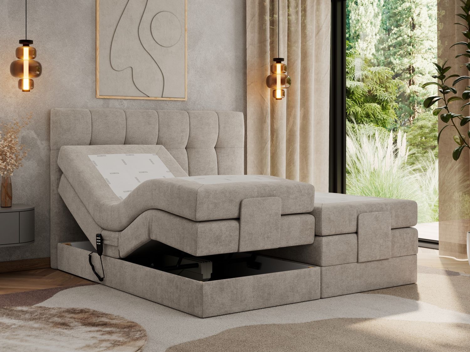 Elektrisches Bett, Boxspringbett mit Multipocket-Matratzen und Elektrisch verstellbare - VITTORIA - 200 x 200 cm - Beige Stoff - H3 Bild 1