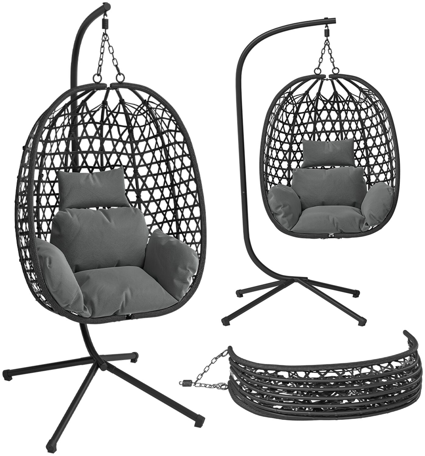STEELSØN 'Sarin' Hängesessel mit Metallgestell, höhenverstellbar und faltbar, wetterfest, Polyrattan, dunkelgrau/schwarz, bis 150 kg belastbar, inkl. Kissen Bild 1