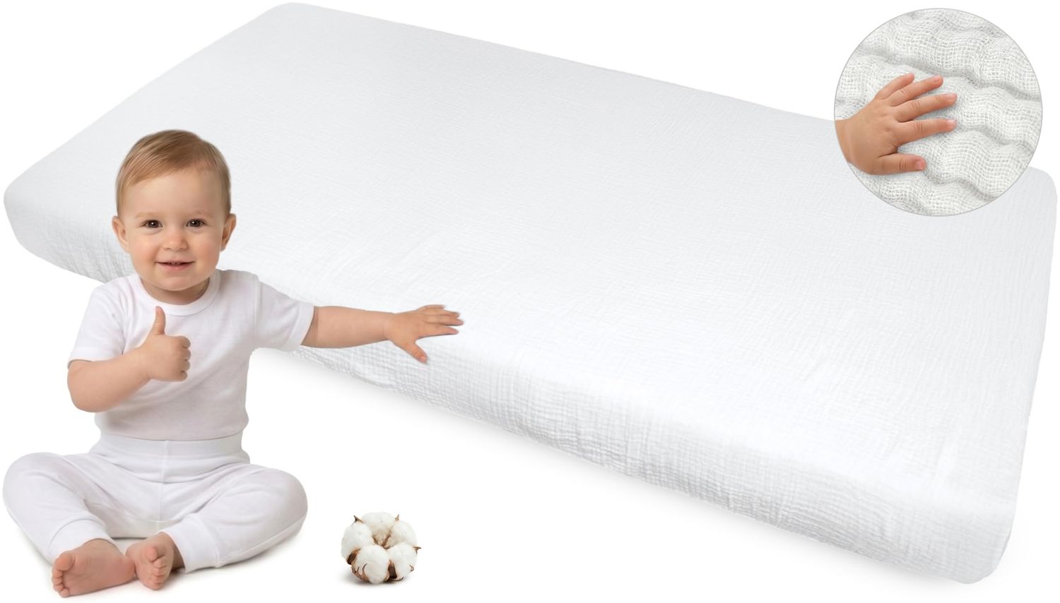 Medi Partners Spannbettlaken Musselin 60x120 Baby Bettlaken Kinderbett Spannbetttuch 100% Baumwolle - Musselinlaken Bettwäsche Babymatratze Schlafsack Babybett (Weiß) Bild 1
