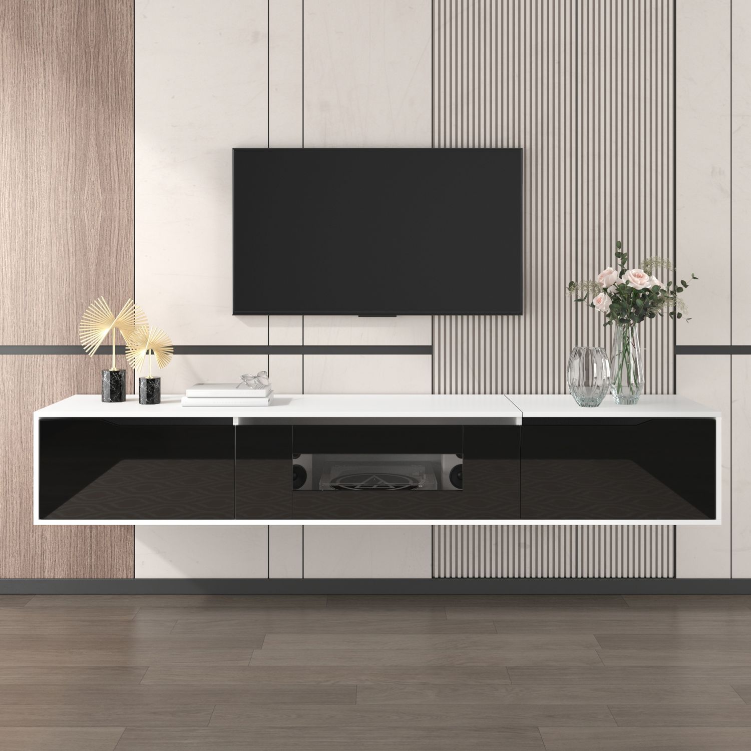 TV-Schrank, Hochglanz mit LED-Beleuchtung & geriffelten Türen, 180x35x30 cm, Weiß/Schwarz Bild 1