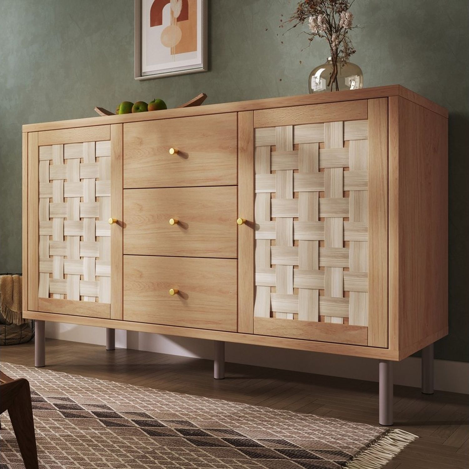 Flieks Kommode Sideboard mit 3 Schubladen und 2 gewebte Türen in Landhausstil (120x40x75 cm, 1 St, Schrank für Wohnzimmer, Flur, Esszimmer, Schlafzimmer), Mehrzweckschrank mit höhenverstellbare Einlegeböden Eicheholzfarbe Bild 1