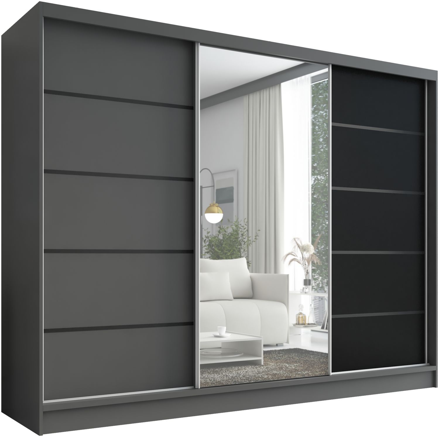 A&J MöbelLand Schwebetürenschrank AURELIA, Graphit, Graphit, Schwarz, Leiste: Schwarz Bild 1