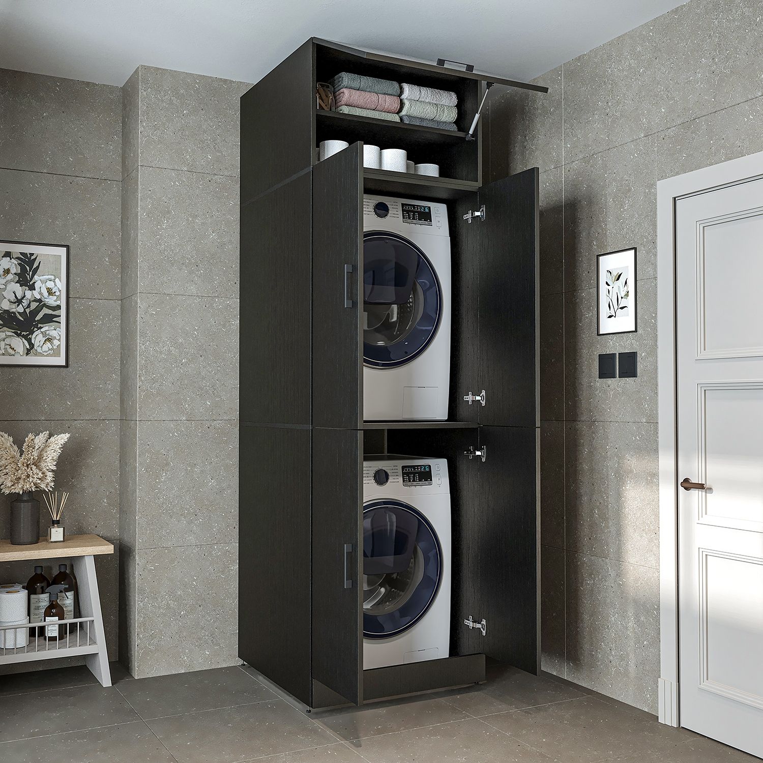 Roomart Waschmaschinenschrank DORA-II- Waschmaschinen- & Trocknerschrank mit Türen & Ausziehbrett – Waschküchenschrank für Waschmaschine & Trockner • Schwarz-Eiche Bild 1
