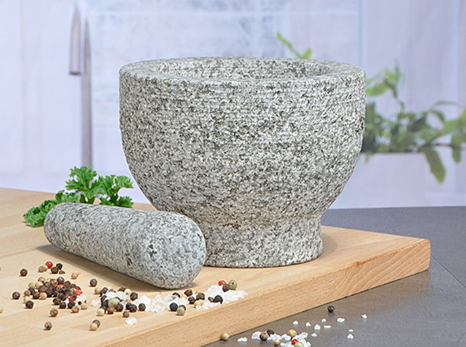 Mörser mit Stößel Reibe Zerkleinerer Gewürz Mühle aus Granit Bild 1