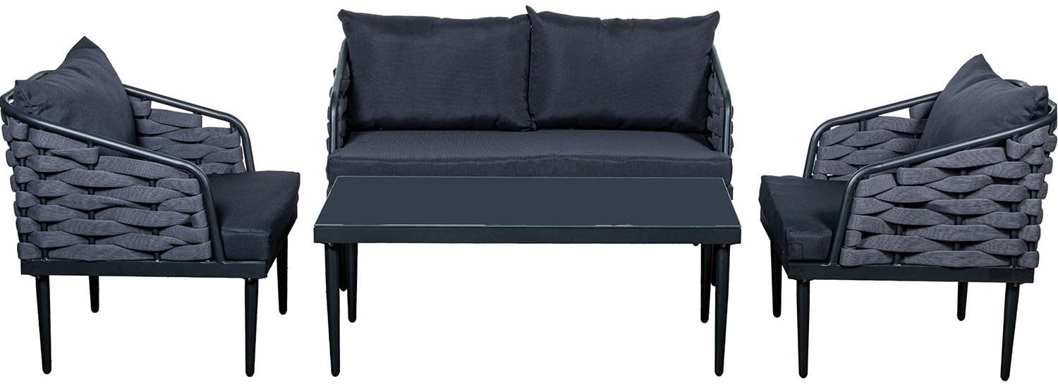 DRW 2-Sitzer-Sofa + 2 Sessel mit Tisch aus Aluminium, Glas und Polyester in Dunkelgrau, 123 x 69 x 72 cm Bild 1