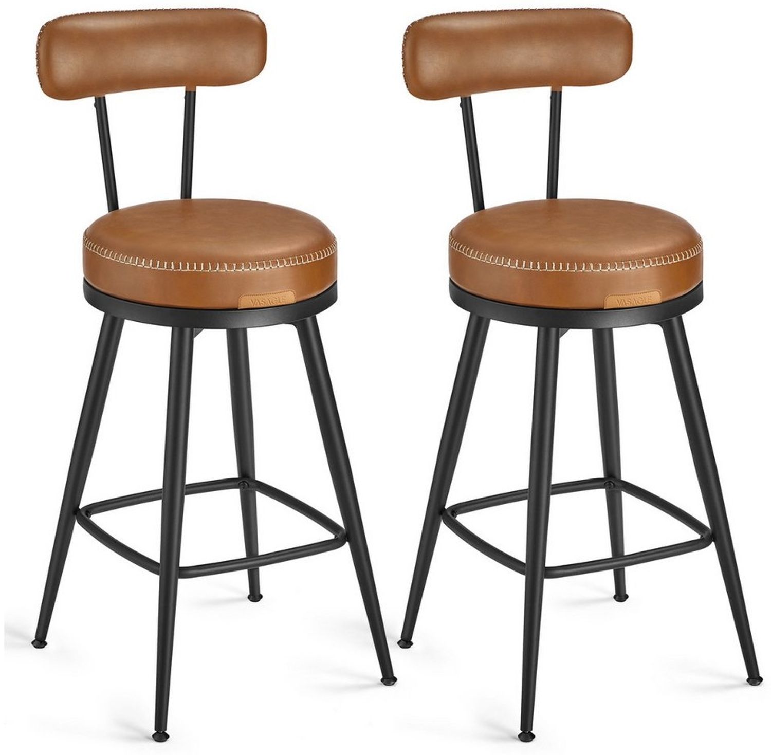 VASAGLE EKHO Kollektion - 360° drehbarer Barhocker, 2er Set, Hocker mit Rückenlehne für Bartisch, Kunstleder mit Nähten, Mid-Century-Modern-Stil, 76 cm hoch, Küche, Hausbar, karamellbraun Bild 1