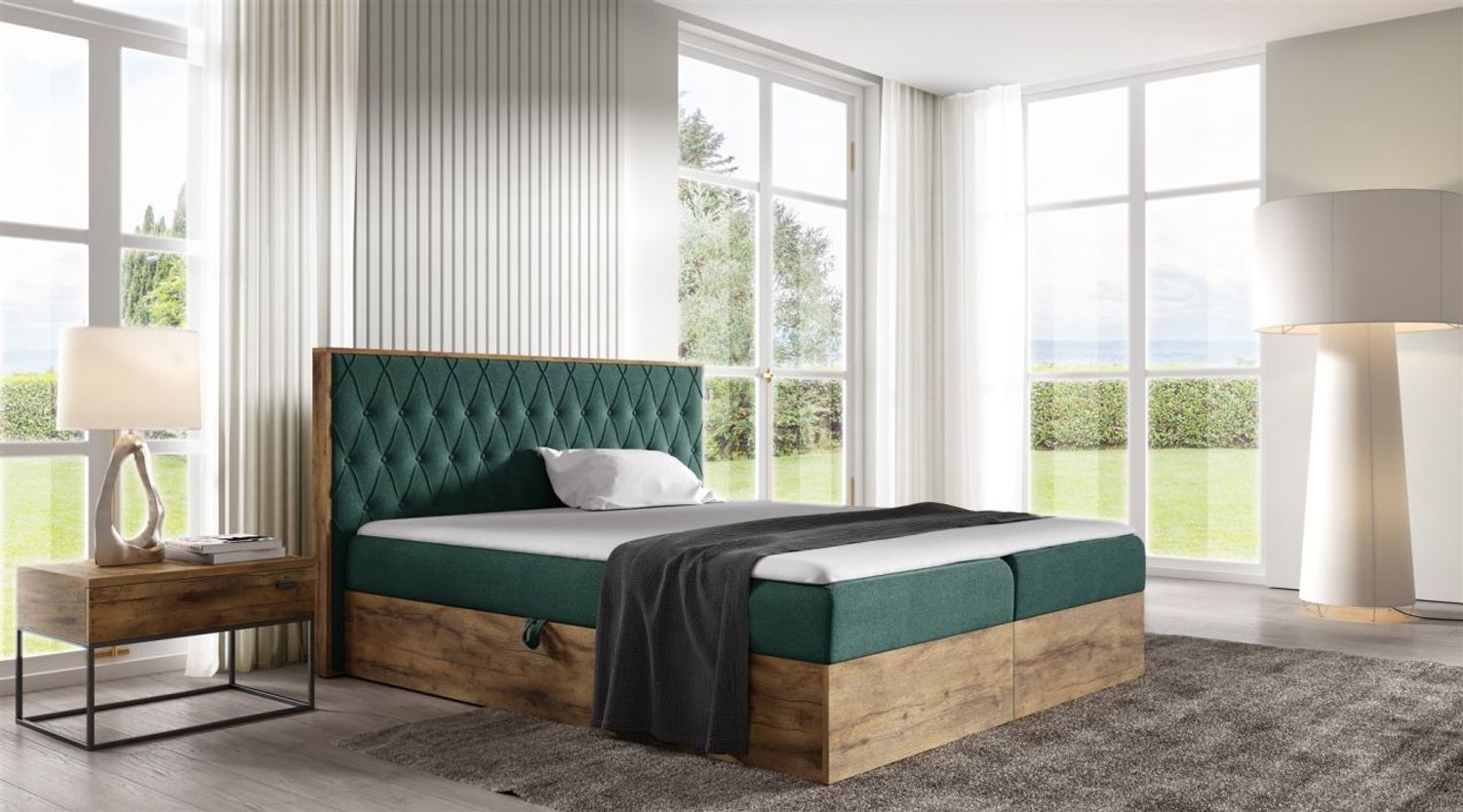 Boxspringbett Bett BROMIA 120x200 cm Lancelot Eiche Stoff Grün inkl. Bettkasten Bild 1