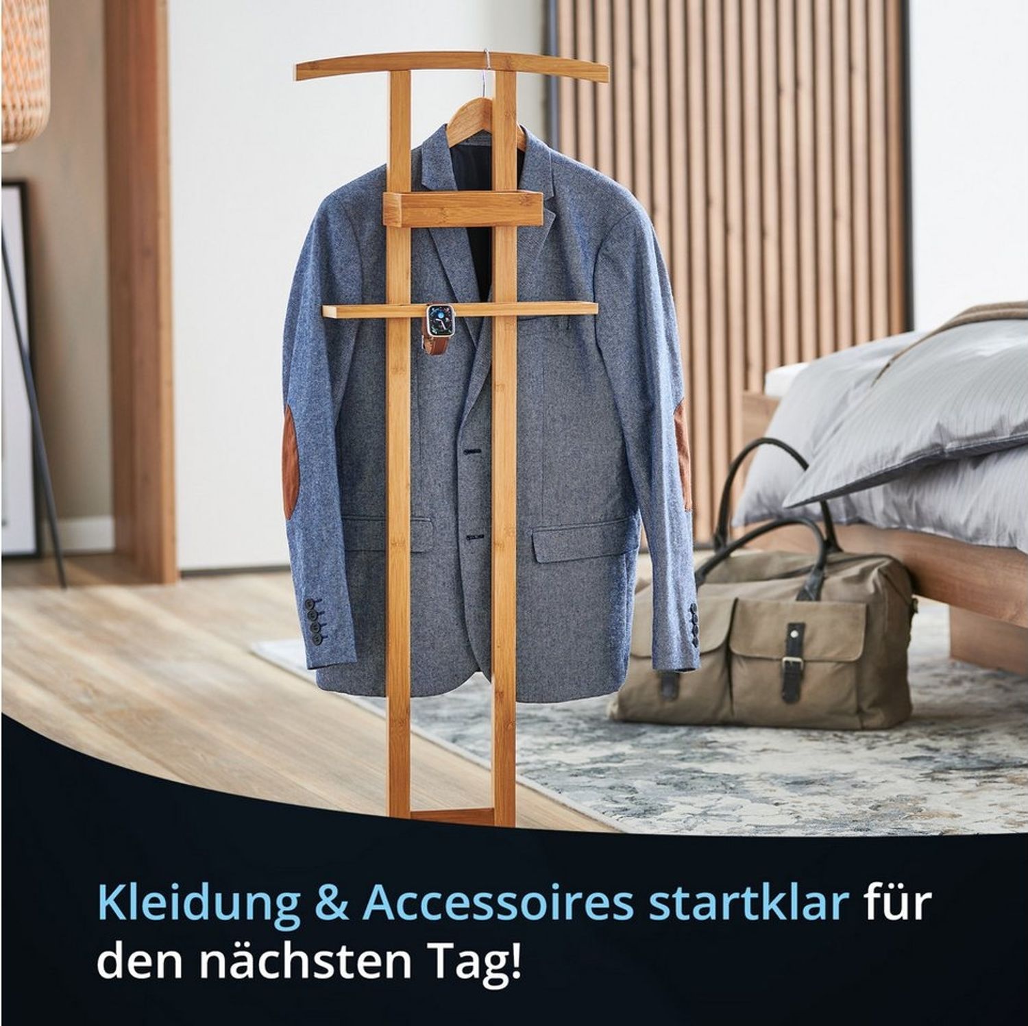 KHG Herrendiener aus Bambus Echtholz für Kleidung, (Stummer Diener, Sackohalter mit Hosenbügel sowie Accessoire-Fach) Bild 1