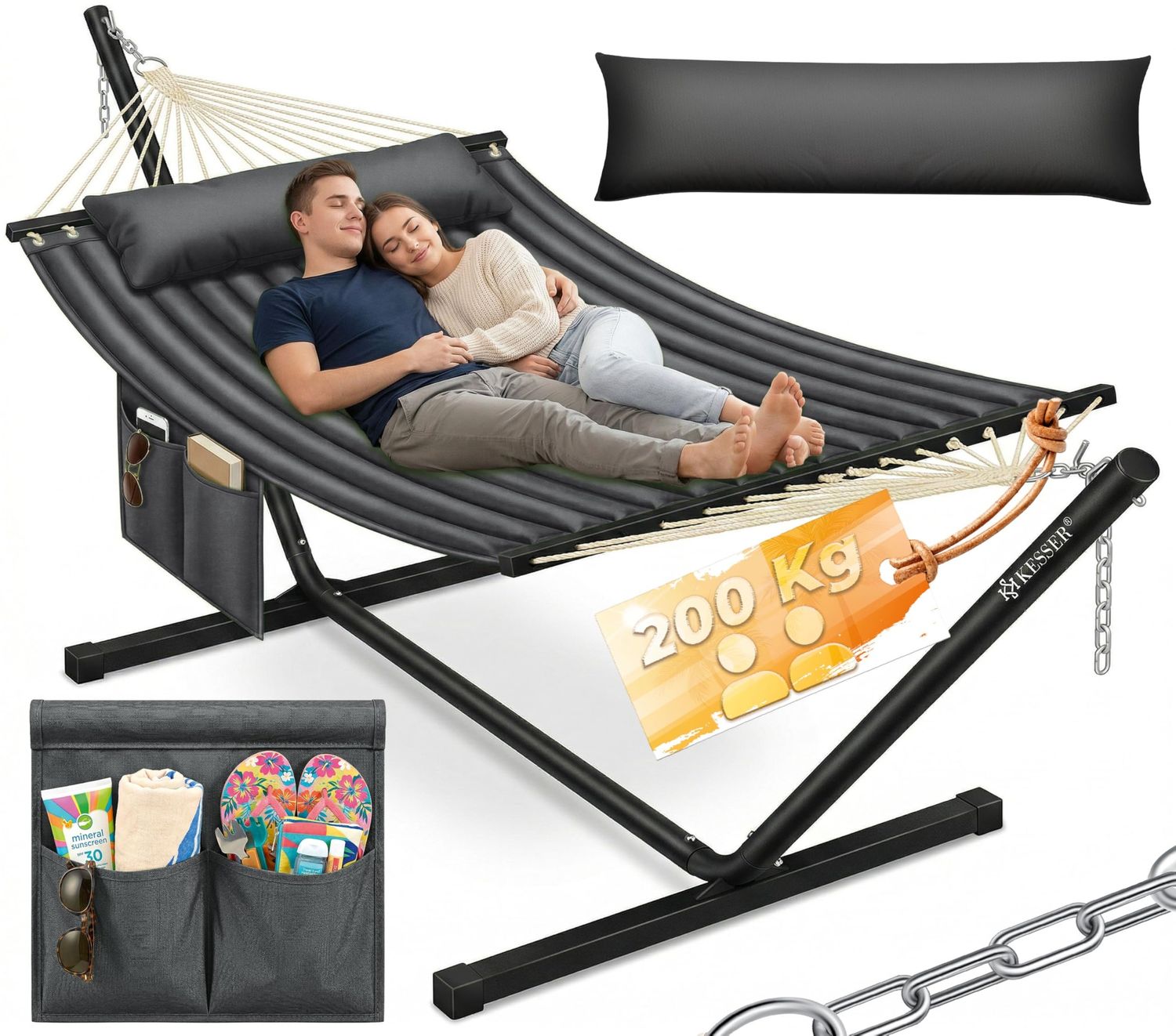 KESSER® Hängematte HILL mit Gestell Kissen Doppelhängematte für 2 Personen-Stabiler Rahmen -200kg Belastbarkeit Indoor & Outdoor XXL Hängesessel Doppel Mehrpersonen Garten Pool Balkon Terrasse Anthrazit Bild 1