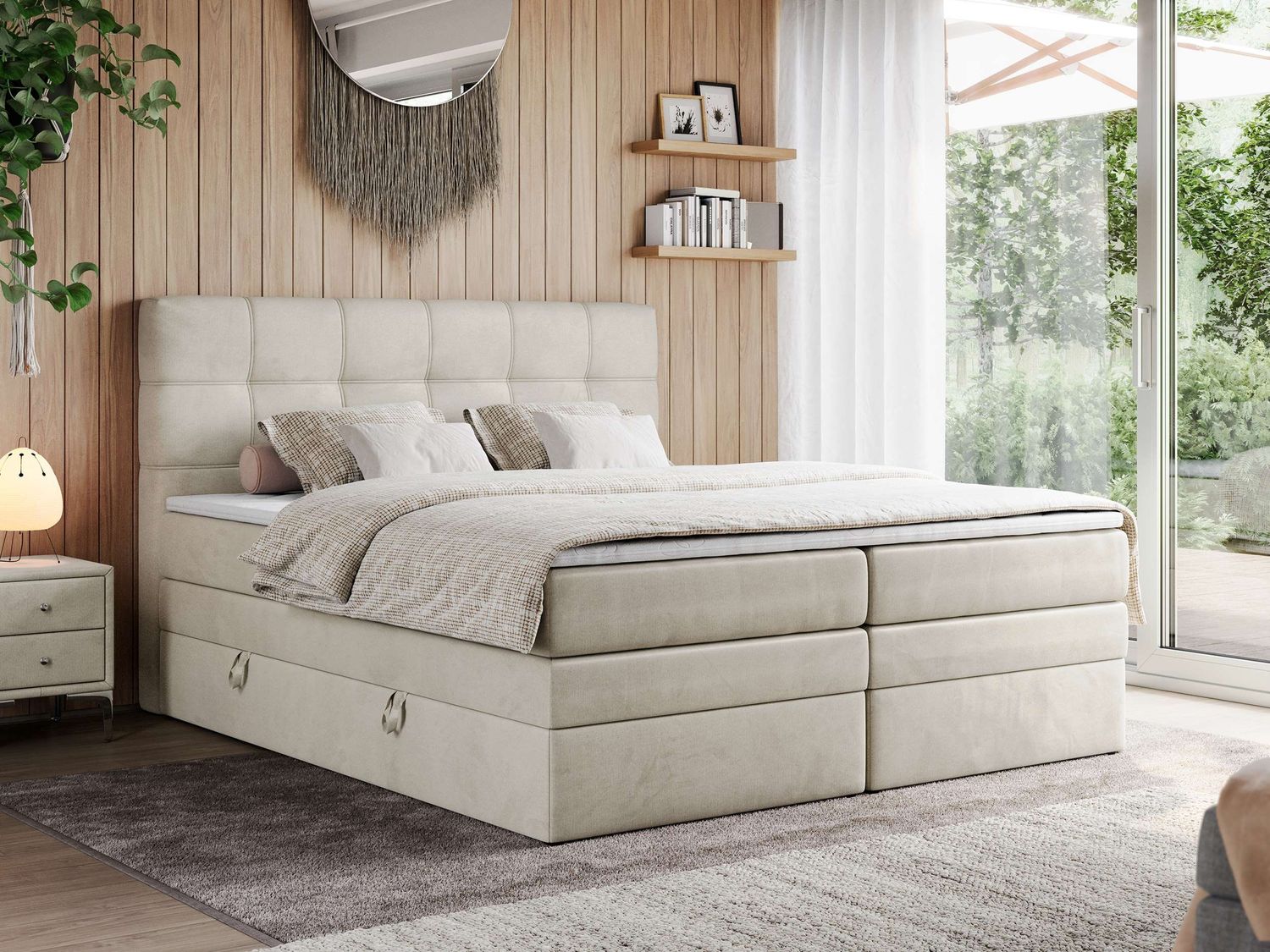 Boxspringbett, Polsterbett, Bett, Schlafzimmer - ERNI-KING - 160x200cm - Beige Velours - H3 Bild 1