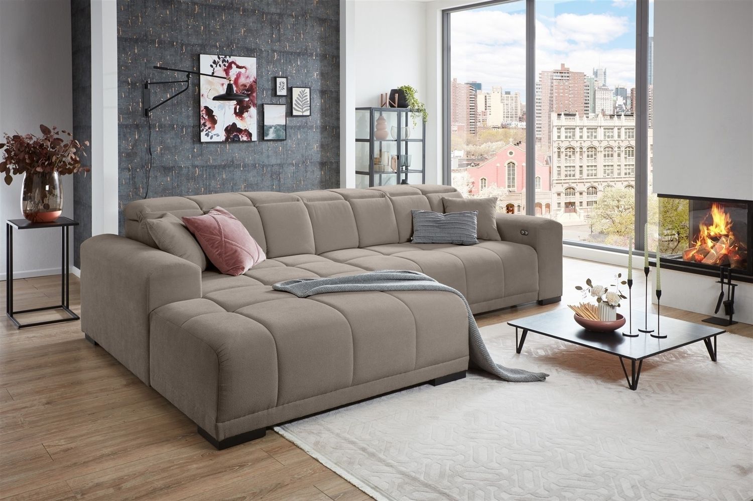 Wohnlandschaft >Puppet< Kopfteilverstellung, 2 Kissen, taupe - 301x113x195cm (BxHxT) Bild 1