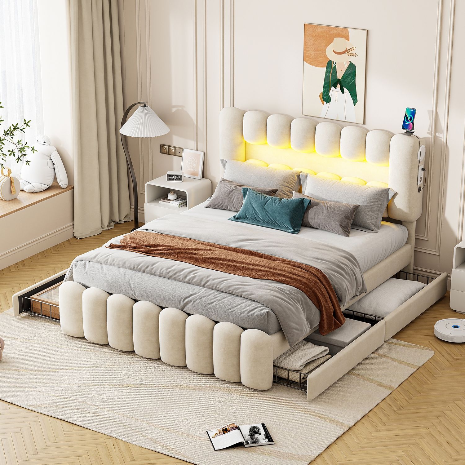 Polsterbett 160×200 cm aus Samt-Stoff mit LED-Beleuchtung, USB-Anschluss, Lautsprechern und vier Schubladen, beige Bild 1