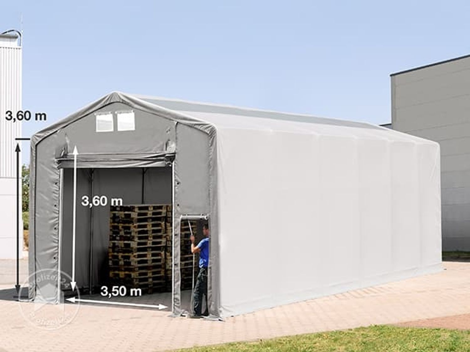 Zelthalle 6x12 m Lagerzelt Industriezelt 3,6m Seitenhöhe PVC Plane 850 N mit Oberlicht grau 100% wasserdicht mit Hochziehtor Bild 1