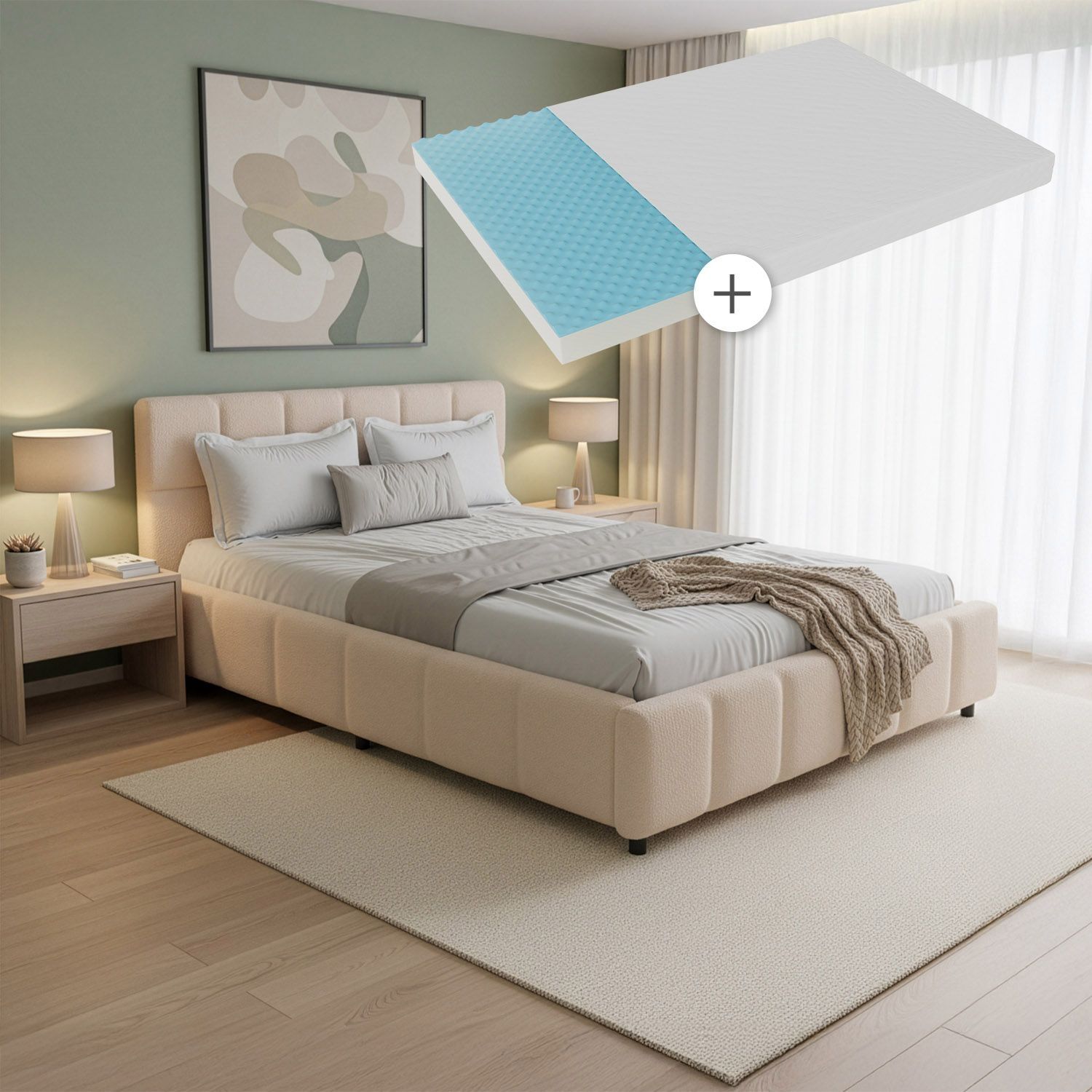Juskys Polsterbett Florenz 140 x 200 cm mit Matratze – Bouclé, modernes Bett mit Kopf- & Fußteil, stabilem Holz- & Metallrahmen, Lattenrost, 500 kg Tragkraft – Beige Bild 1