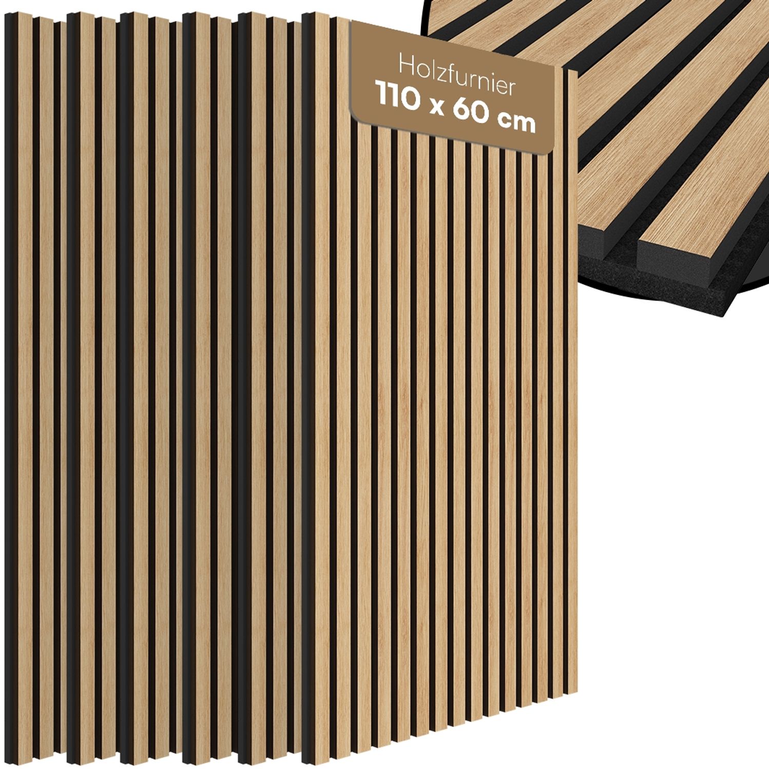 Bellamio 'Kilwa' 3D Akustikpaneele, Holzoptik Eiche, Echtholzfurnier und MDF, 110x60x2,1 cm, Wandpaneele mit Schallschutz, 6er Set Bild 1