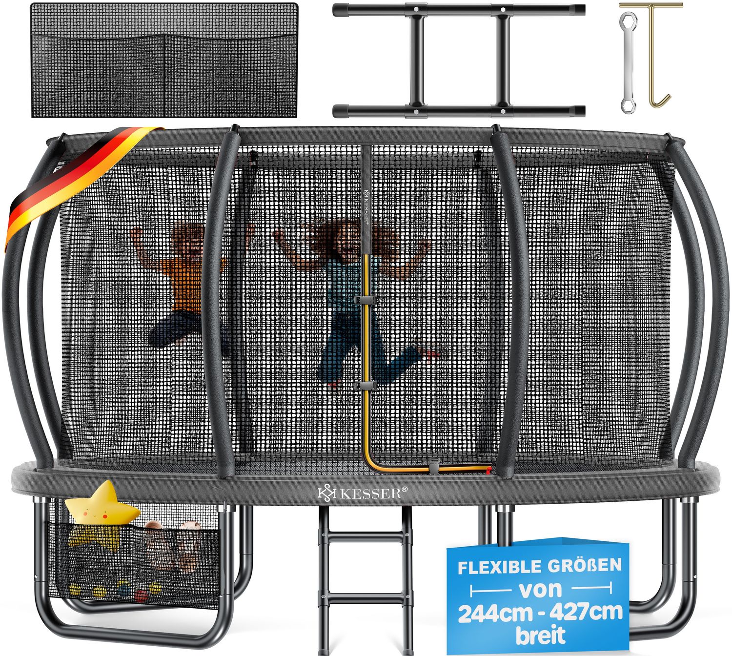 KESSER® Trampolin Outdoor, GS-Zertifikat, Gartentrampolin für Kinder & Erwachsene bis 150 kg mit Sicherheitsnetz, inklusive Tasche, Leiter, Randabdeckung & gepolsterten Netzstangen Anthrazit, Ø 427 cm Bild 1