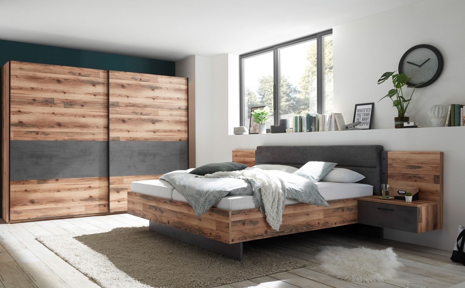 Schlafzimmer-Set >ALICANTE< (2-teilig) Alpine / Beton, Schrank 270x210x60, Bett 305,6x99,5x213,4 Bild 1