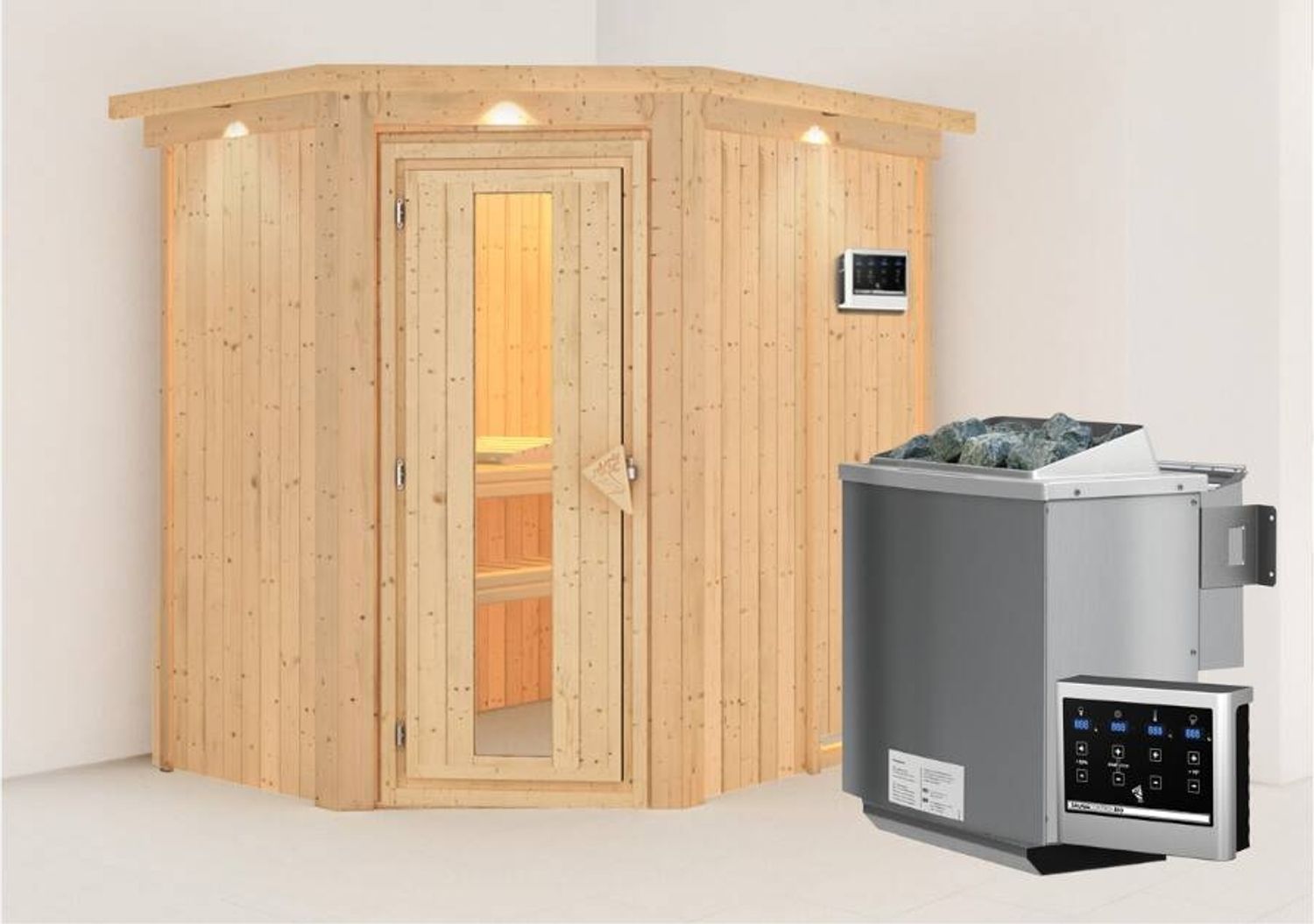 Karibu Sauna Carin mit Dachkranz+ 9kW BIO-Kombiofen mit ext. Steuerung Easy Graphit-Ganzglastür Bild 1