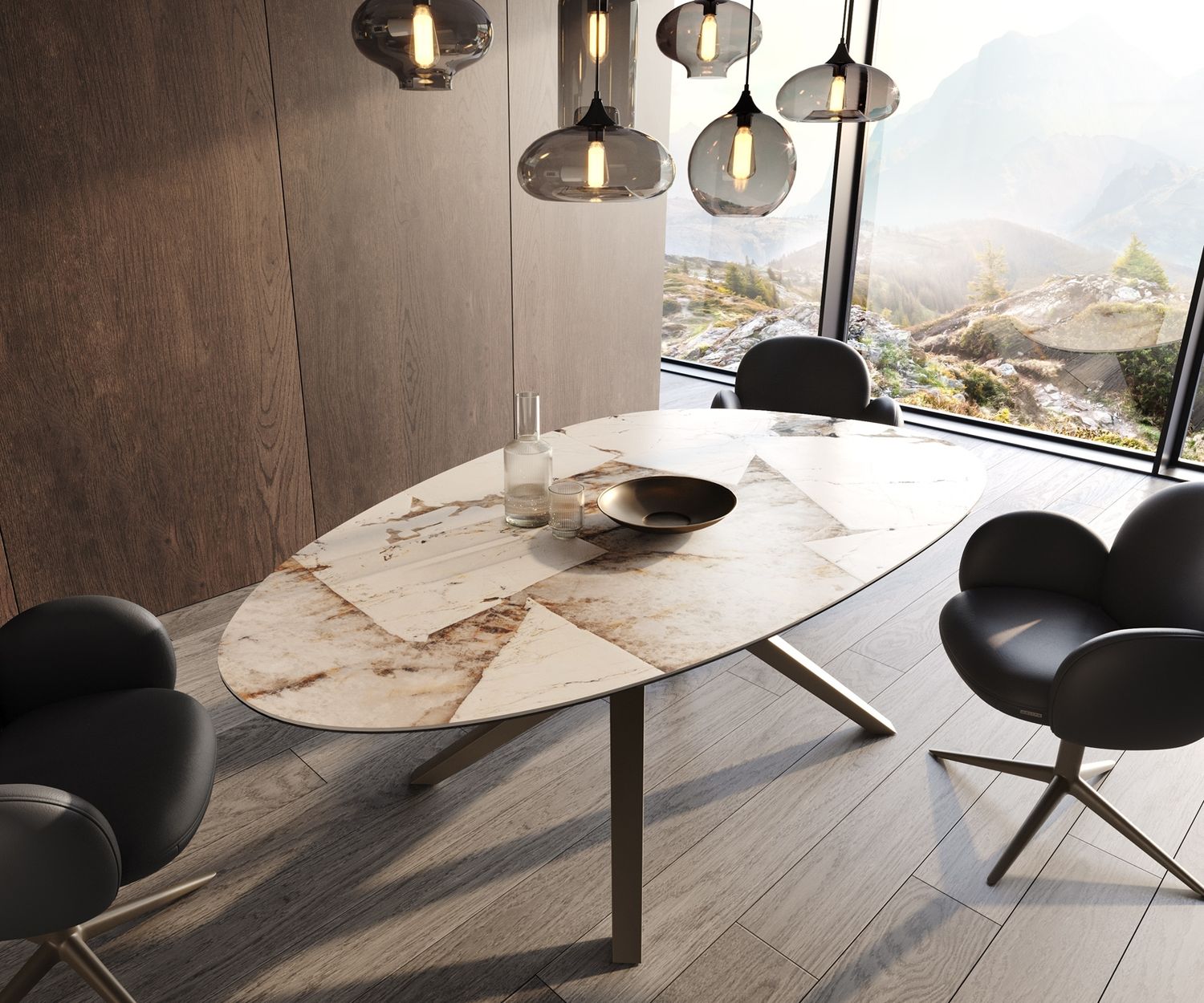 Esstisch Edge Oval 220x120 Keramik Iris FMG Patagonia Lappato Zenthara kantig Metall Effektfinish Titan Bild 1
