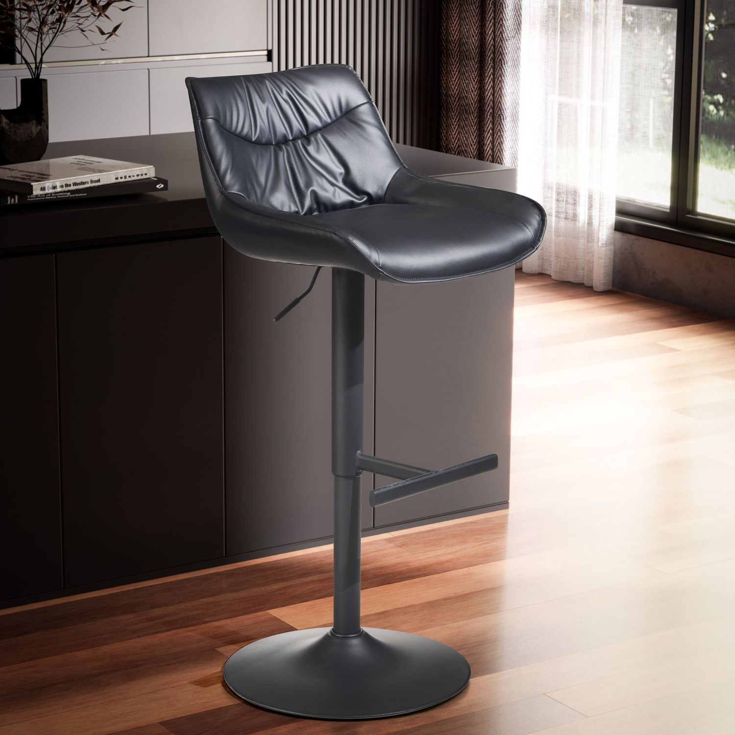 FINEBUY Barhocker FB99329 Küchenhocker Kunstleder Schwarz Hocker Bistrohocker Barstuhl (Kunstleder Schwarz Hocker mit Lehne 86 - 106 cm), Barstuhl, Küchenhocker Höhenverstellbar 100 kg Bild 1