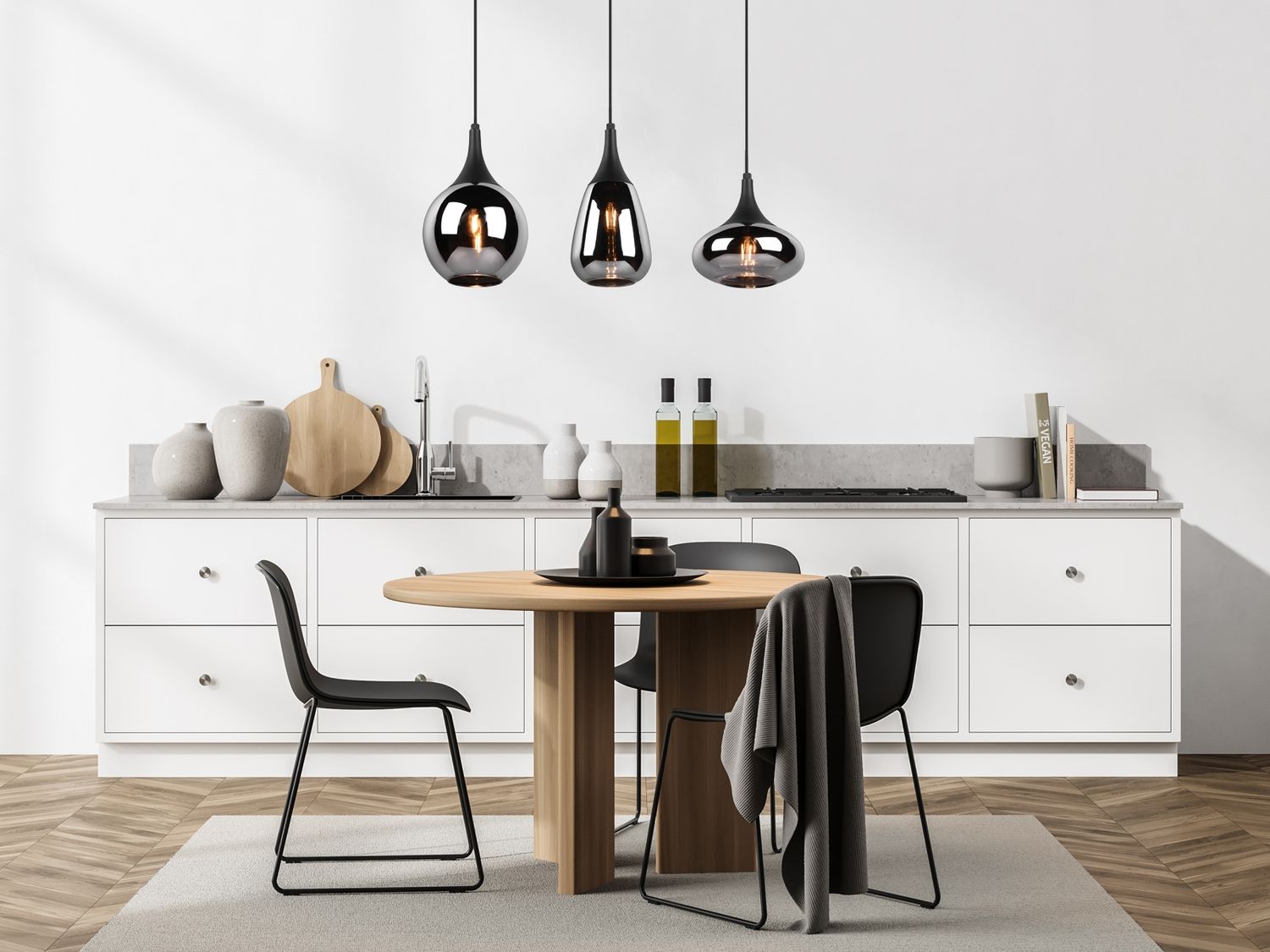 LED Pendelleuchte 3 flammig Glas Chrom verspiegelt & Rauchglas Optik, B: 69cm Bild 1